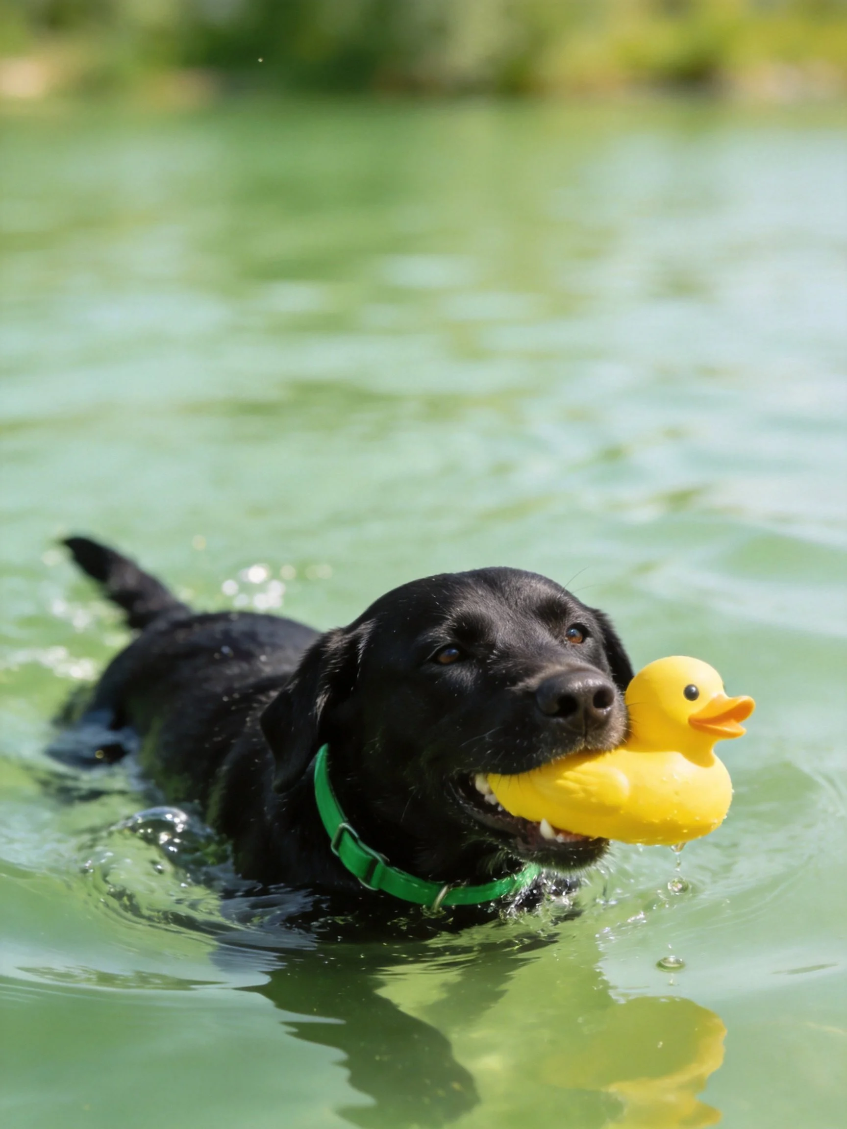A black dog carries a yellow rubber duck while swimming in water