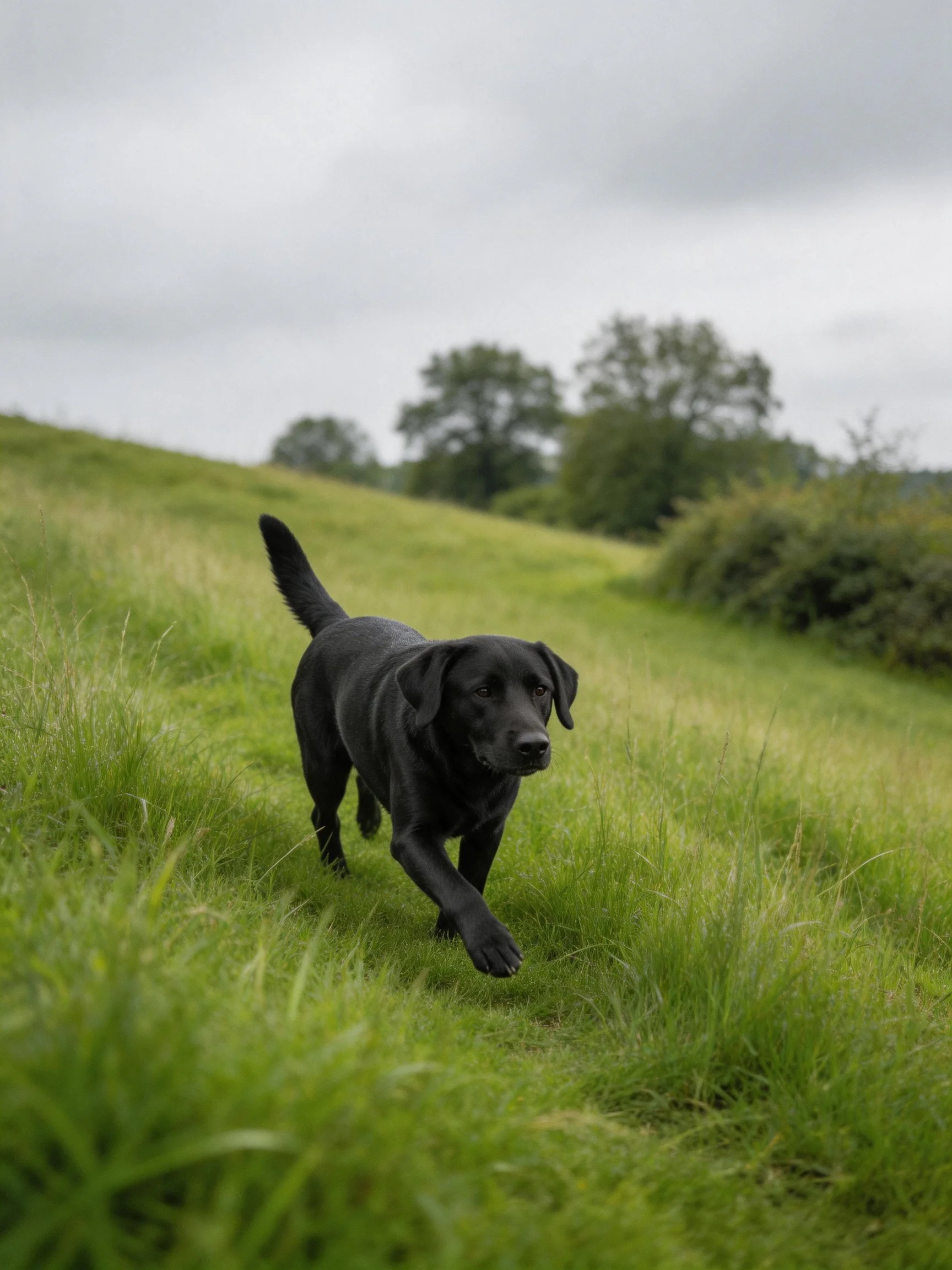 A black dog walks through a grassy field with rolling hills and distant trees.