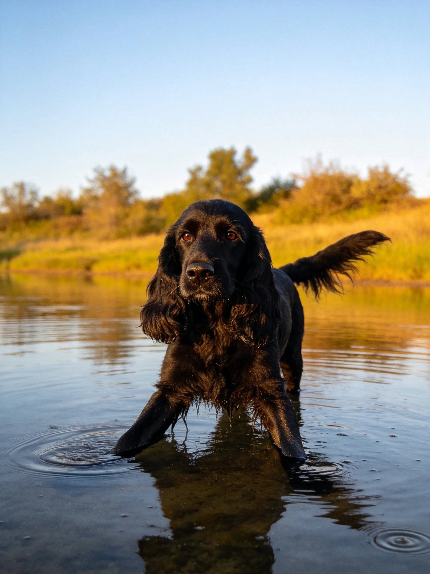 A black dog wades through calm water near golden grasslands