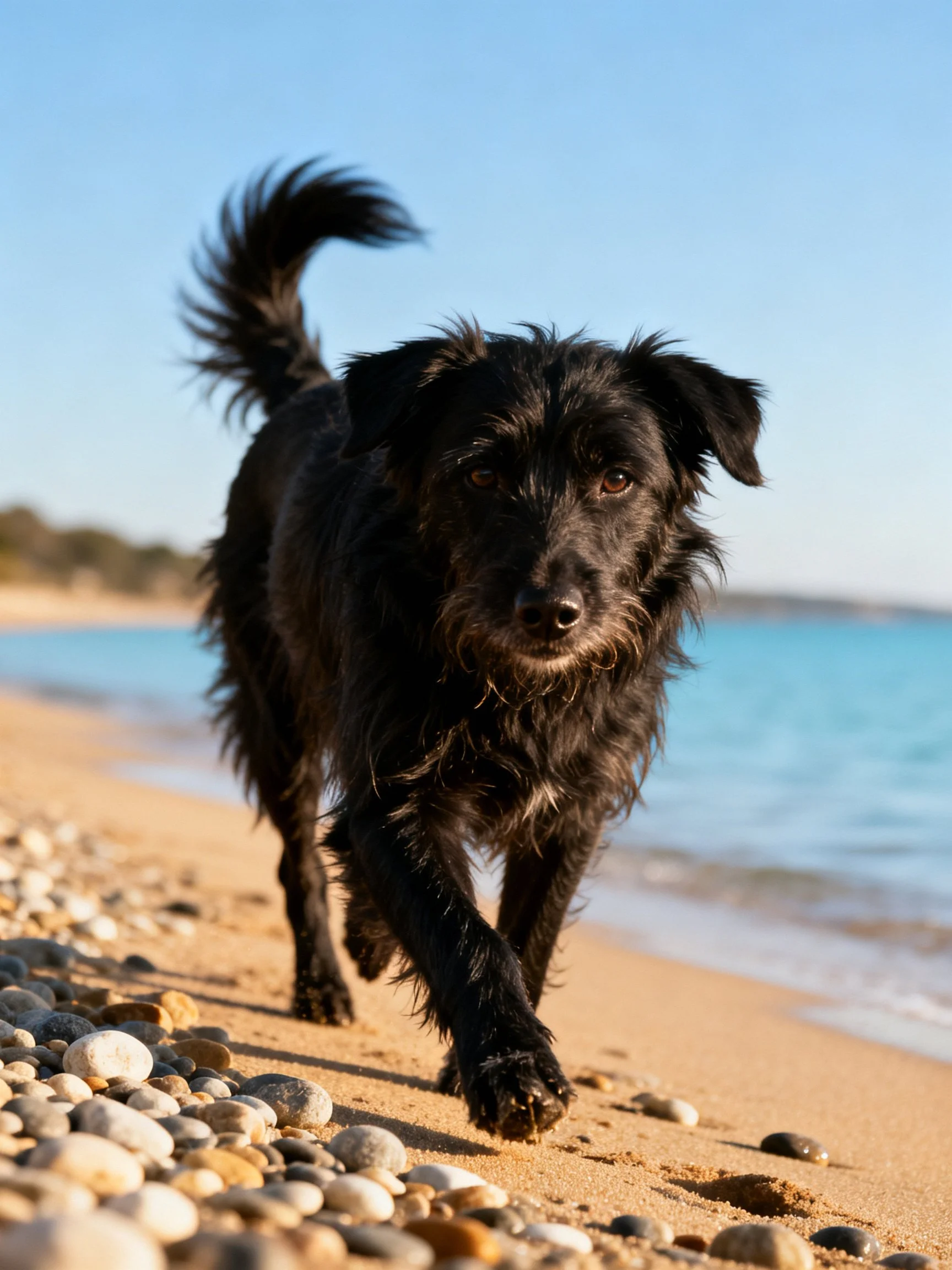 A black dog walks along a pebbly beach beside calm blue water.