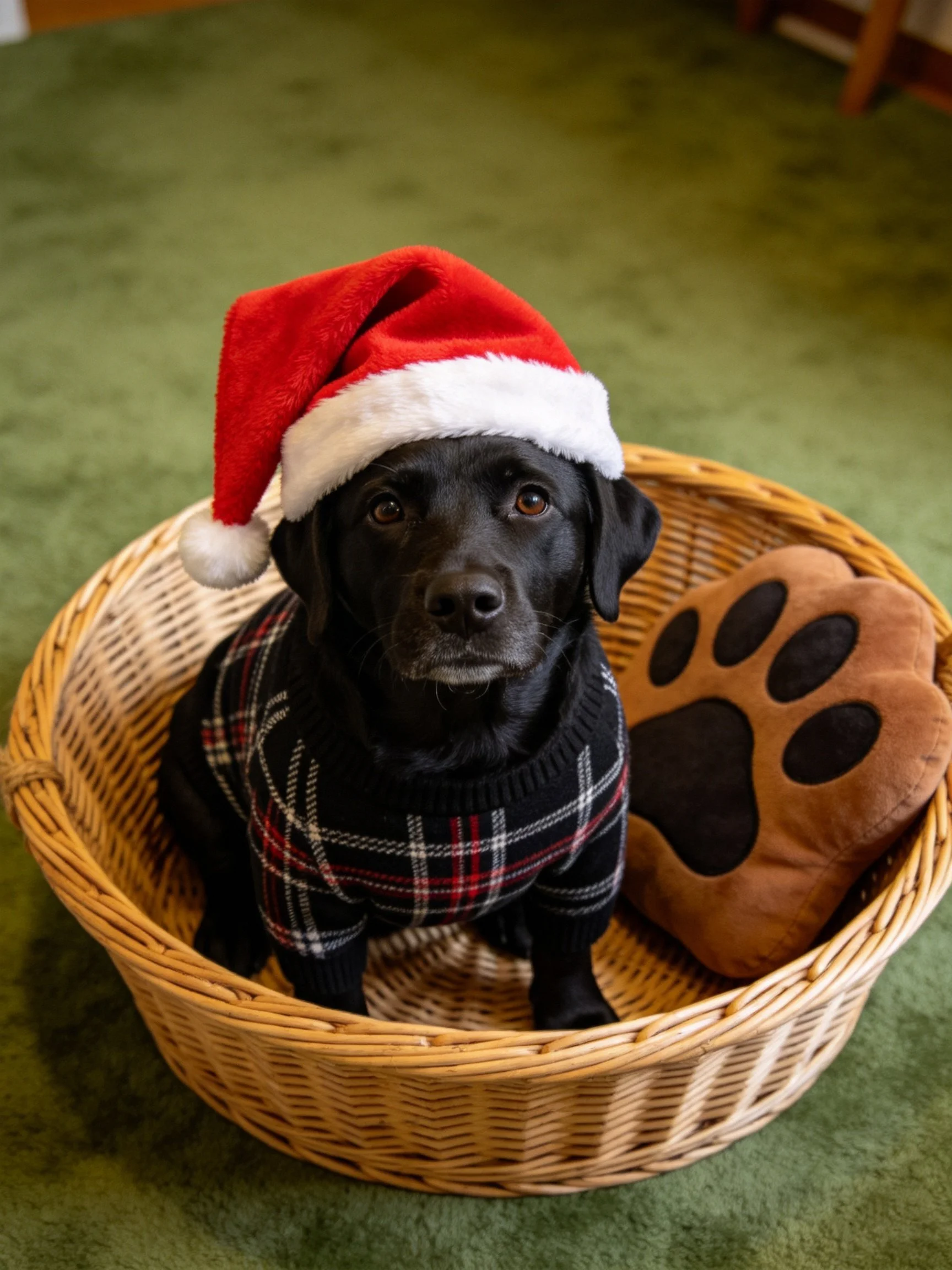 A black dog wearing a Santa hat sits in a wicker basket with a paw pillow