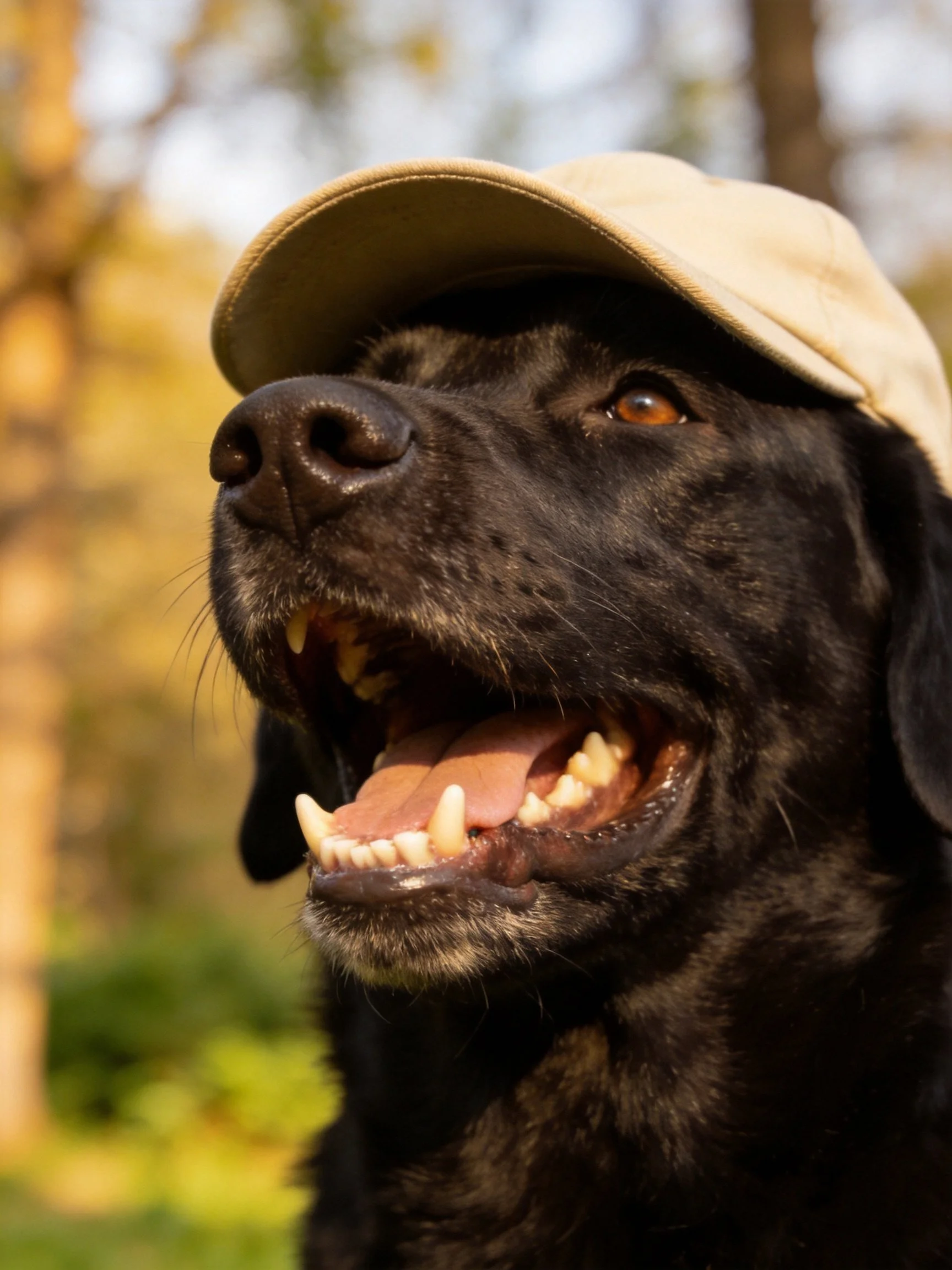 A black dog wearing a beige cap outdoors