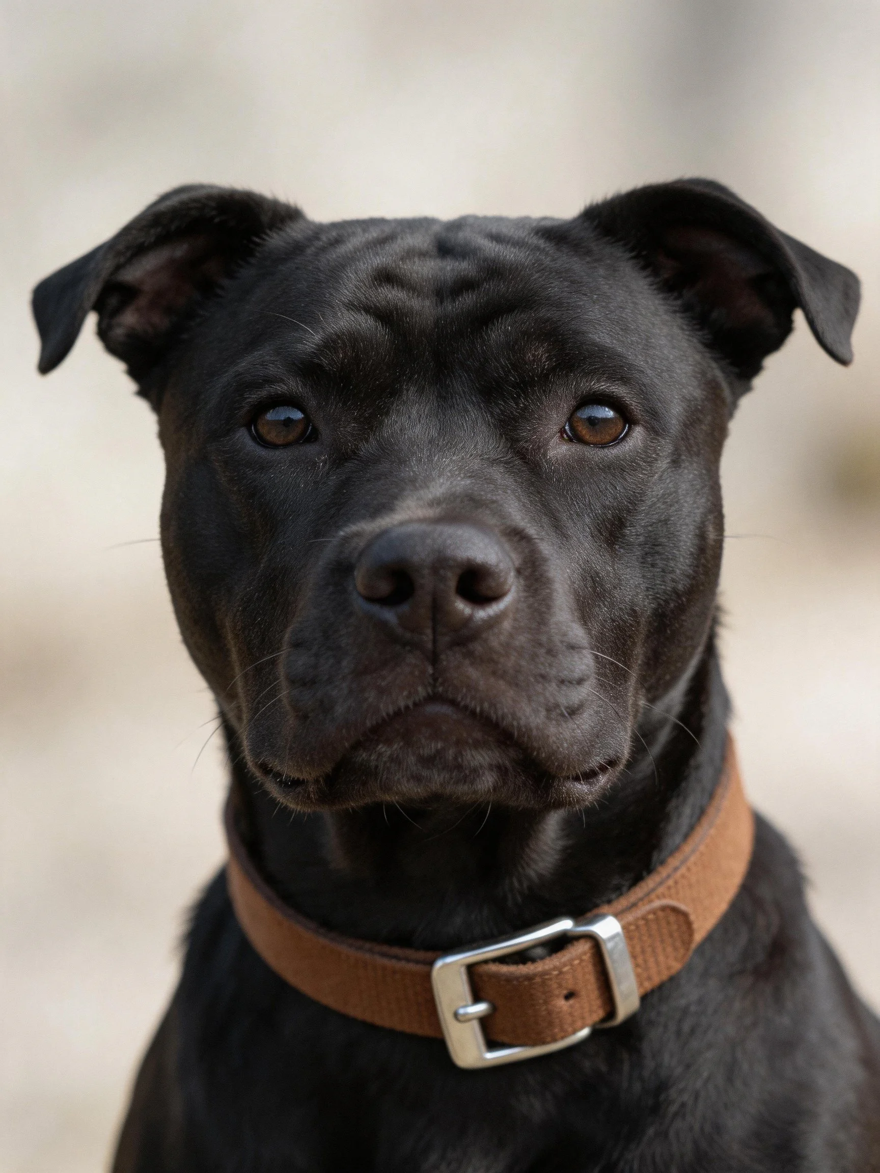 A black dog wearing a brown leather collar