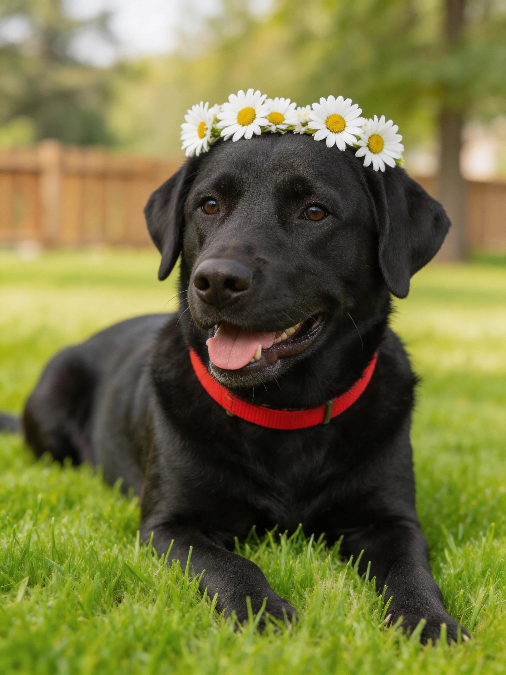 A black dog with a daisy flower crown relaxes contentedly on grass.