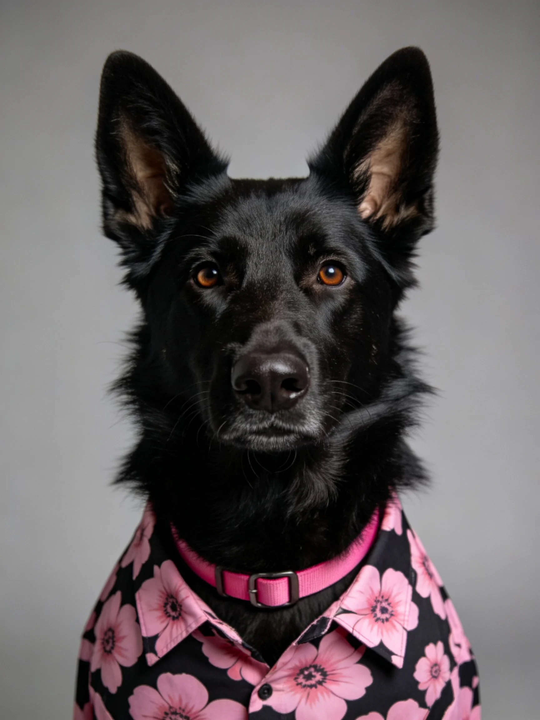 A black dog wearing a pink floral shirt with a pink collar