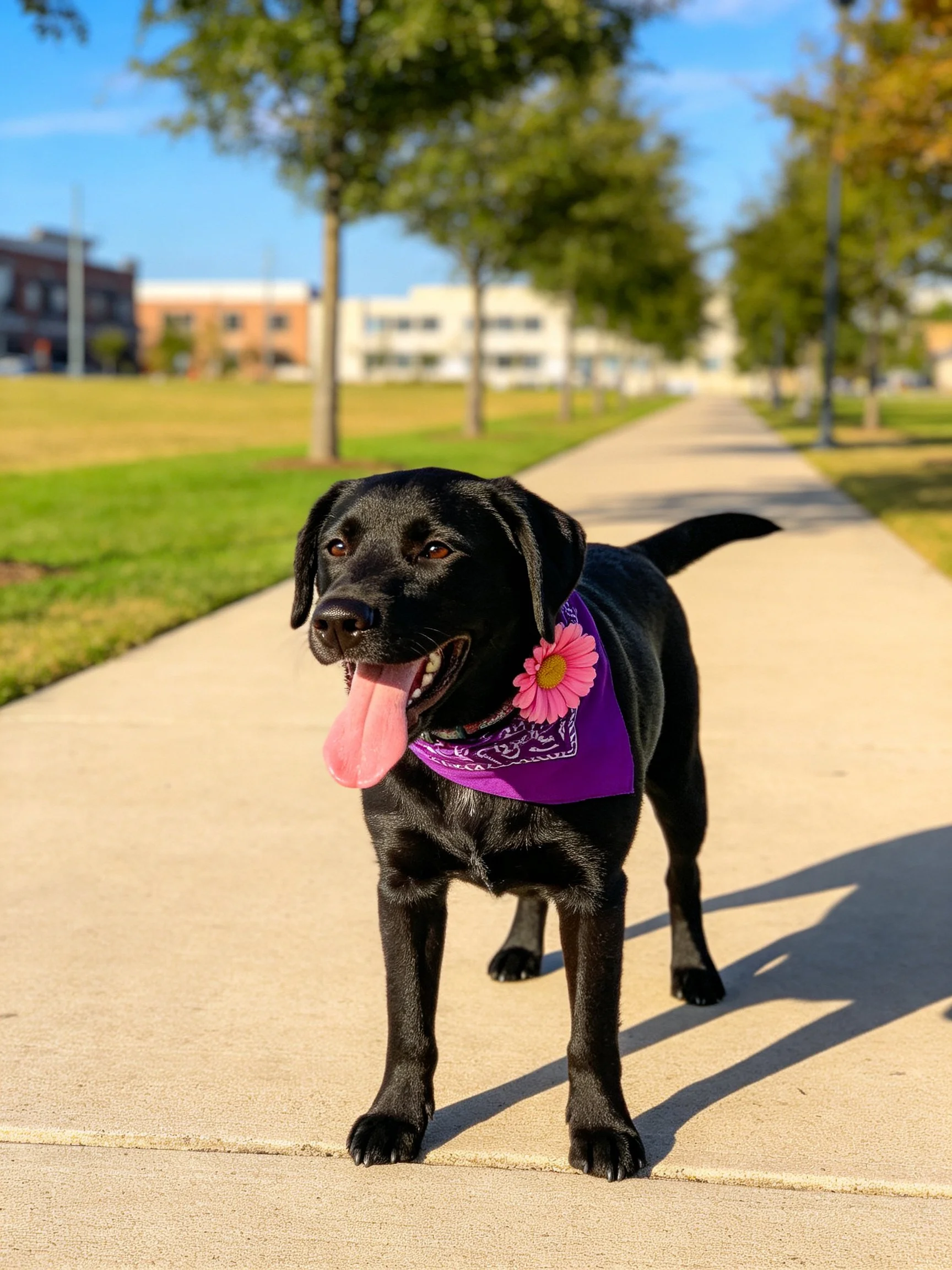 A black dog wearing a purple bandana with a pink flower on a sidewalk