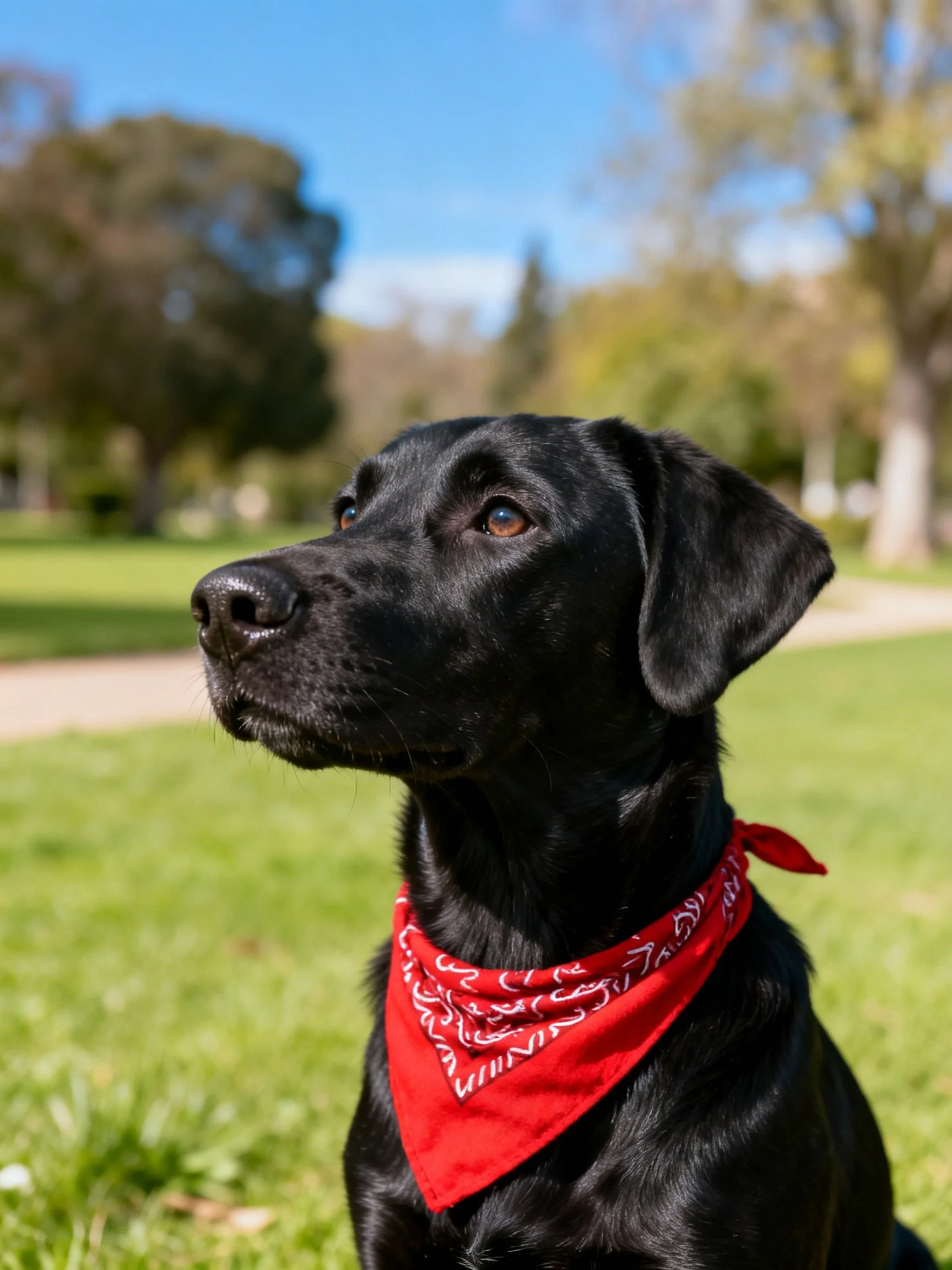A black dog wearing a red bandana in a sunny park