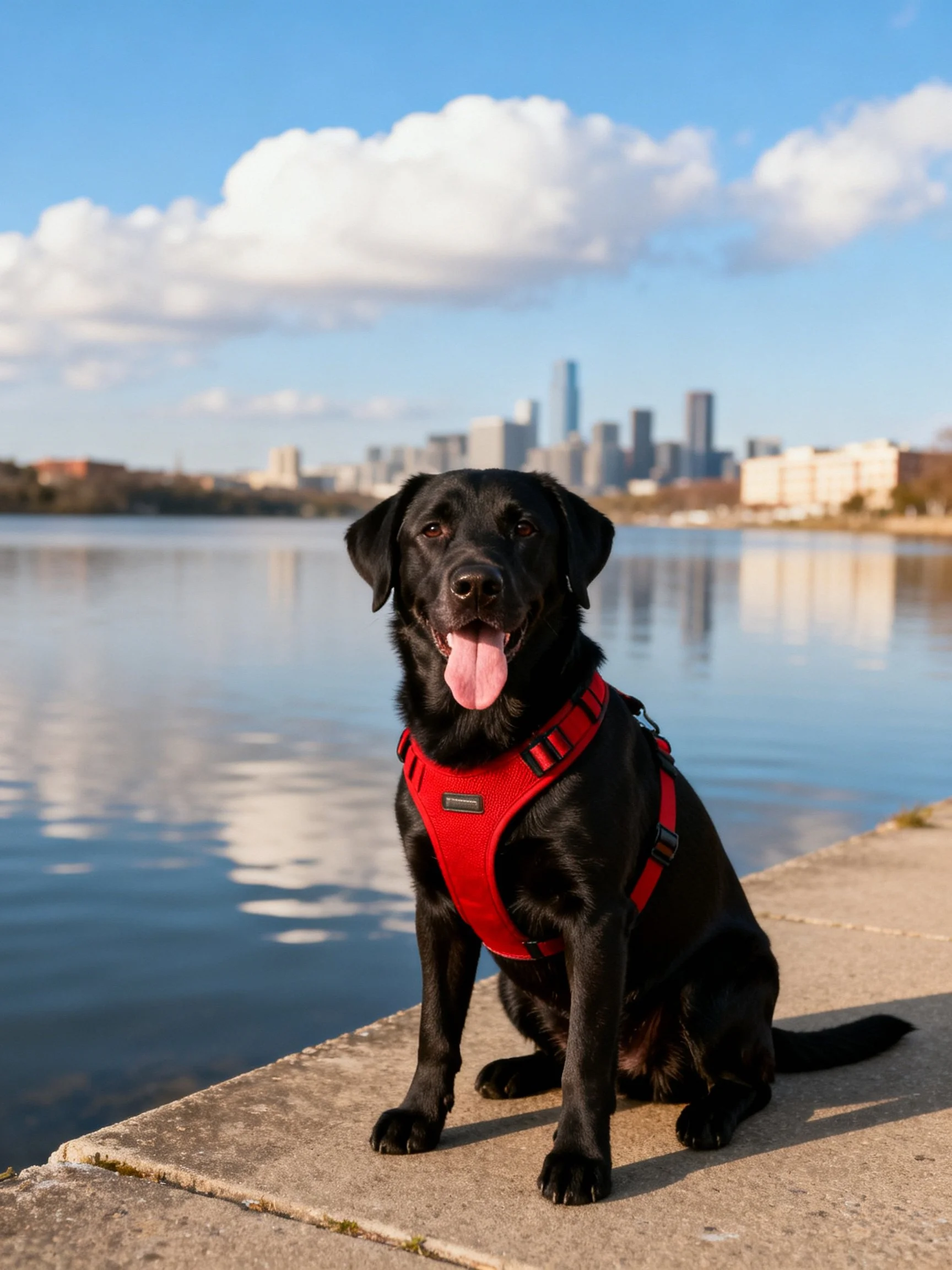 A black dog wearing a red harness sits by a calm lake with a city skyline