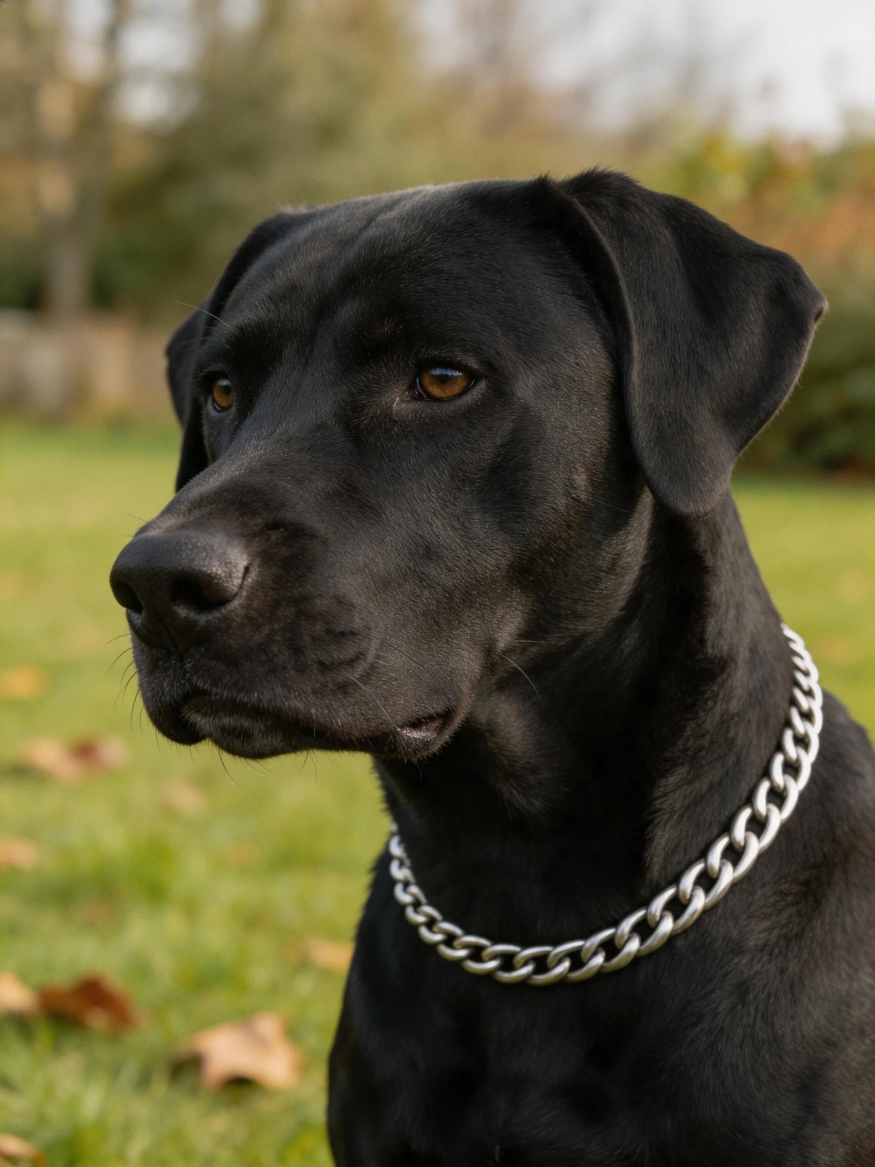 A black dog with a silver chain is in an outdoor grassy area.