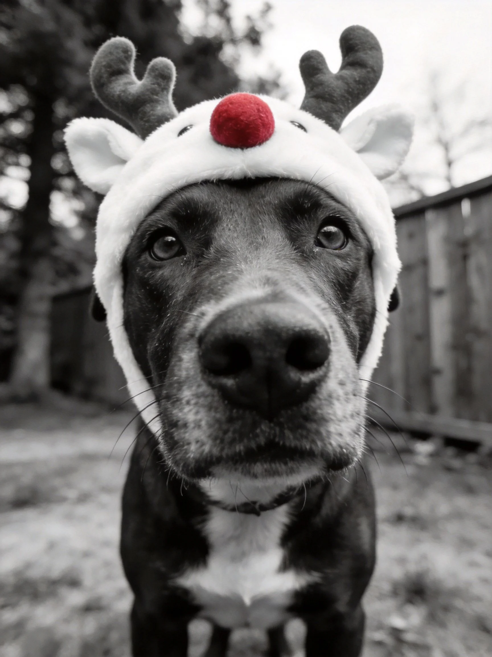 A black dog wearing a white reindeer - inspired headband with red nose