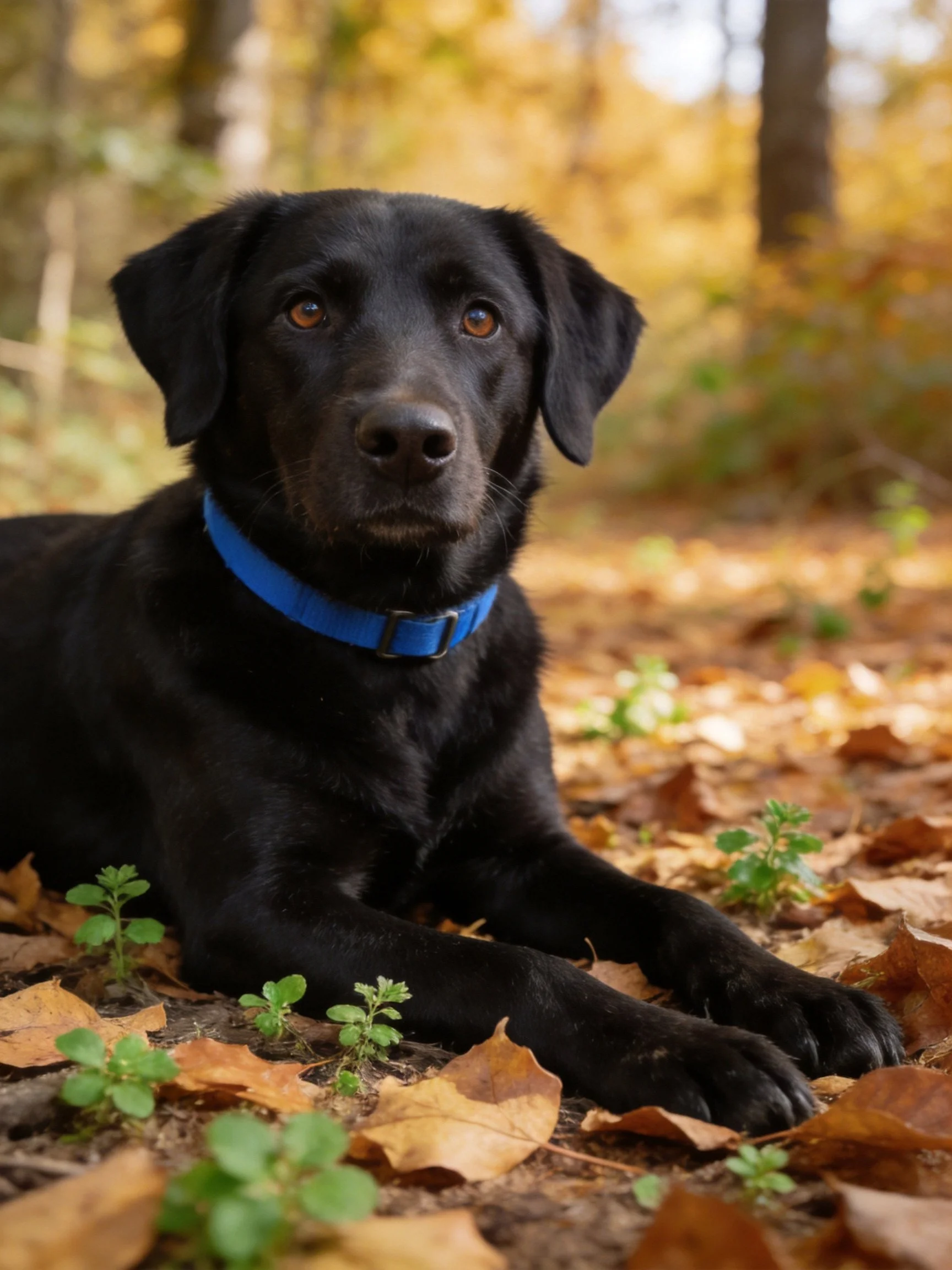 A black dog with a blue collar lies among autumn leaves in a forest.