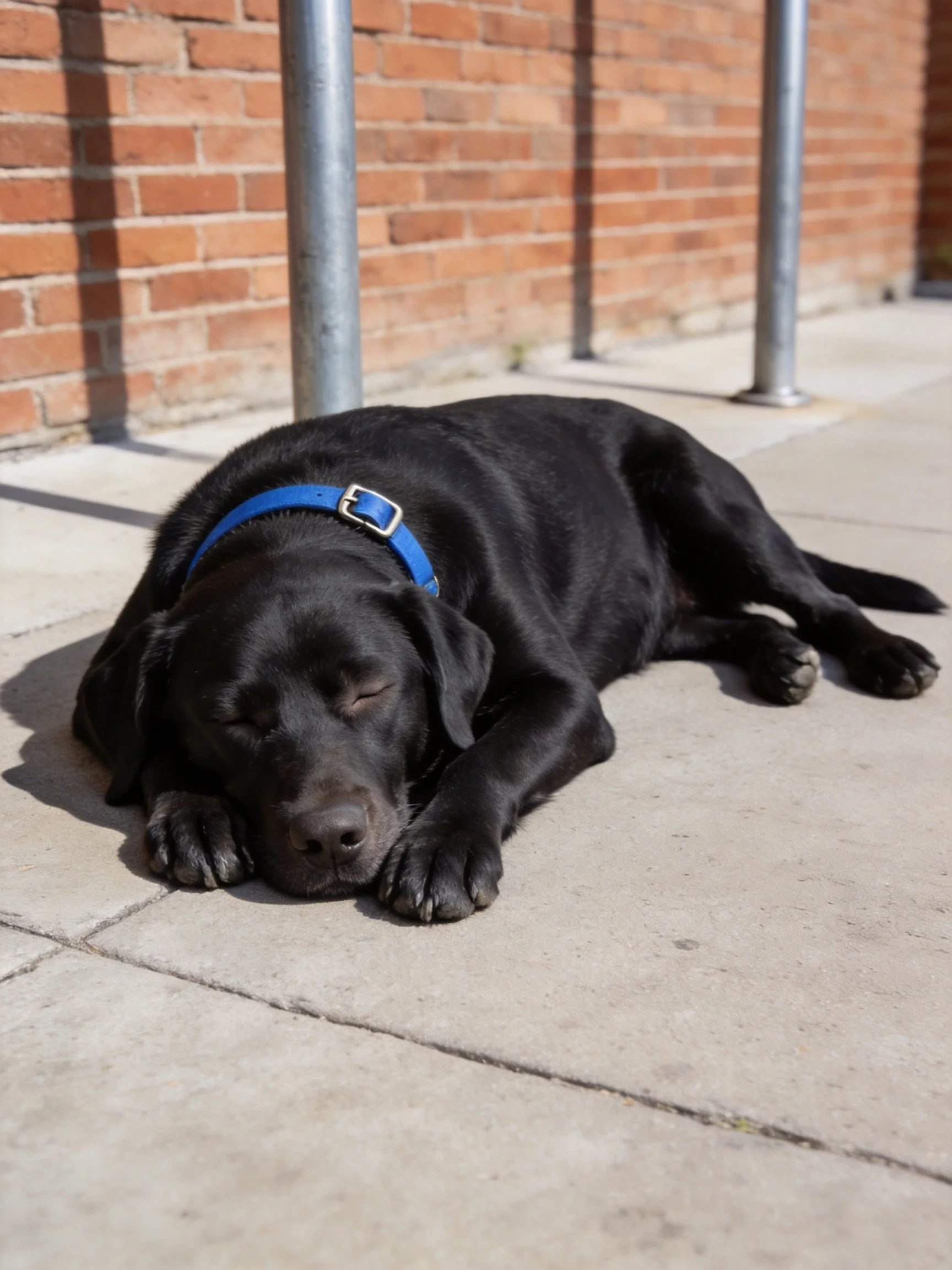 A black dog with a blue collar sleeps on concrete near a brick wall