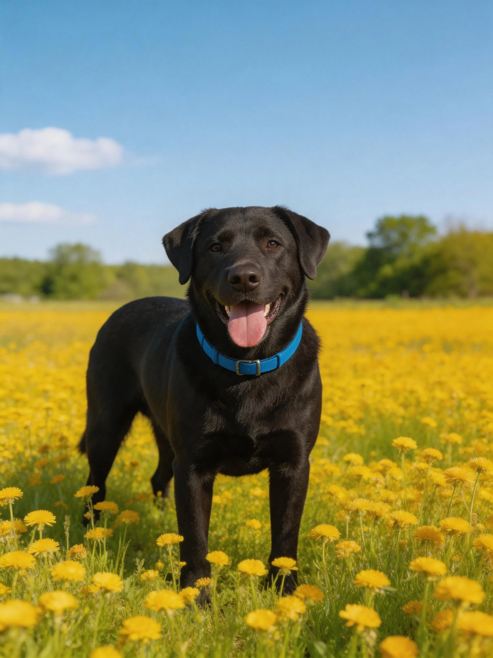 A black dog with a blue collar stands in a sunny field of yellow flowers.