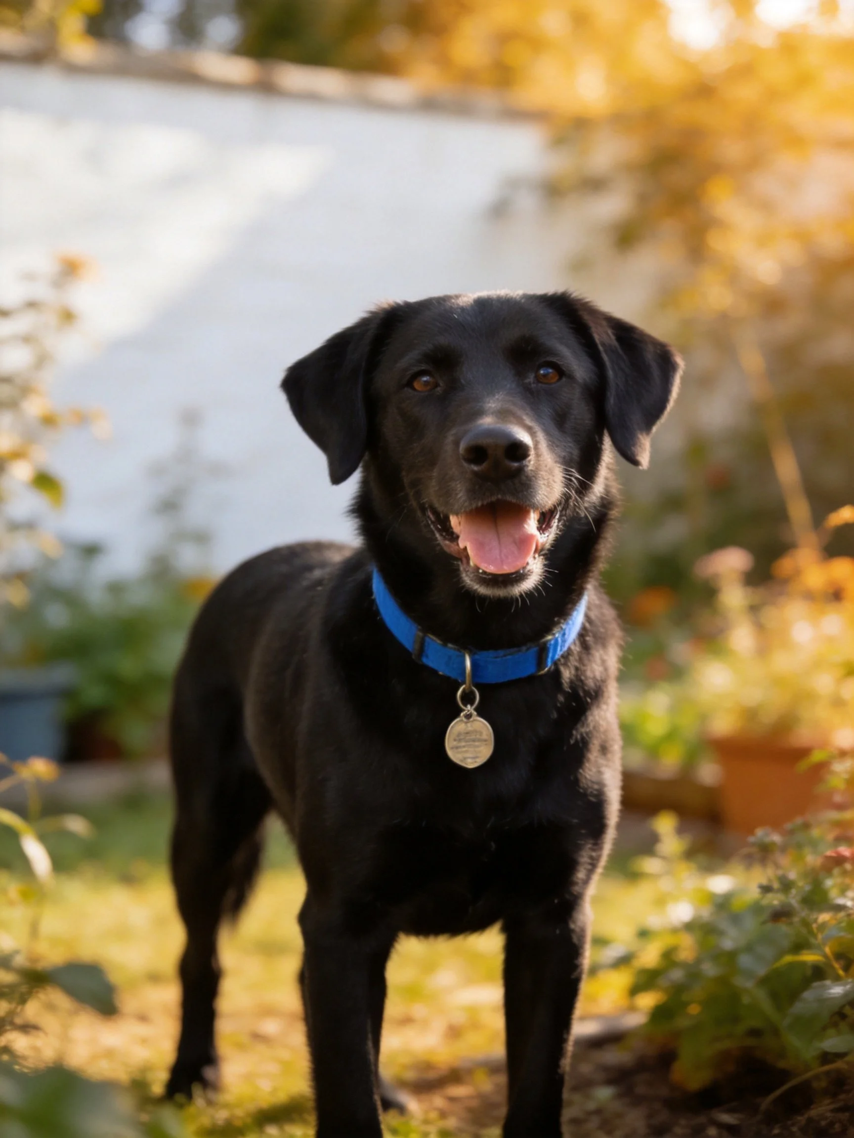 A black dog with a blue collar enjoys the sunlit garden.