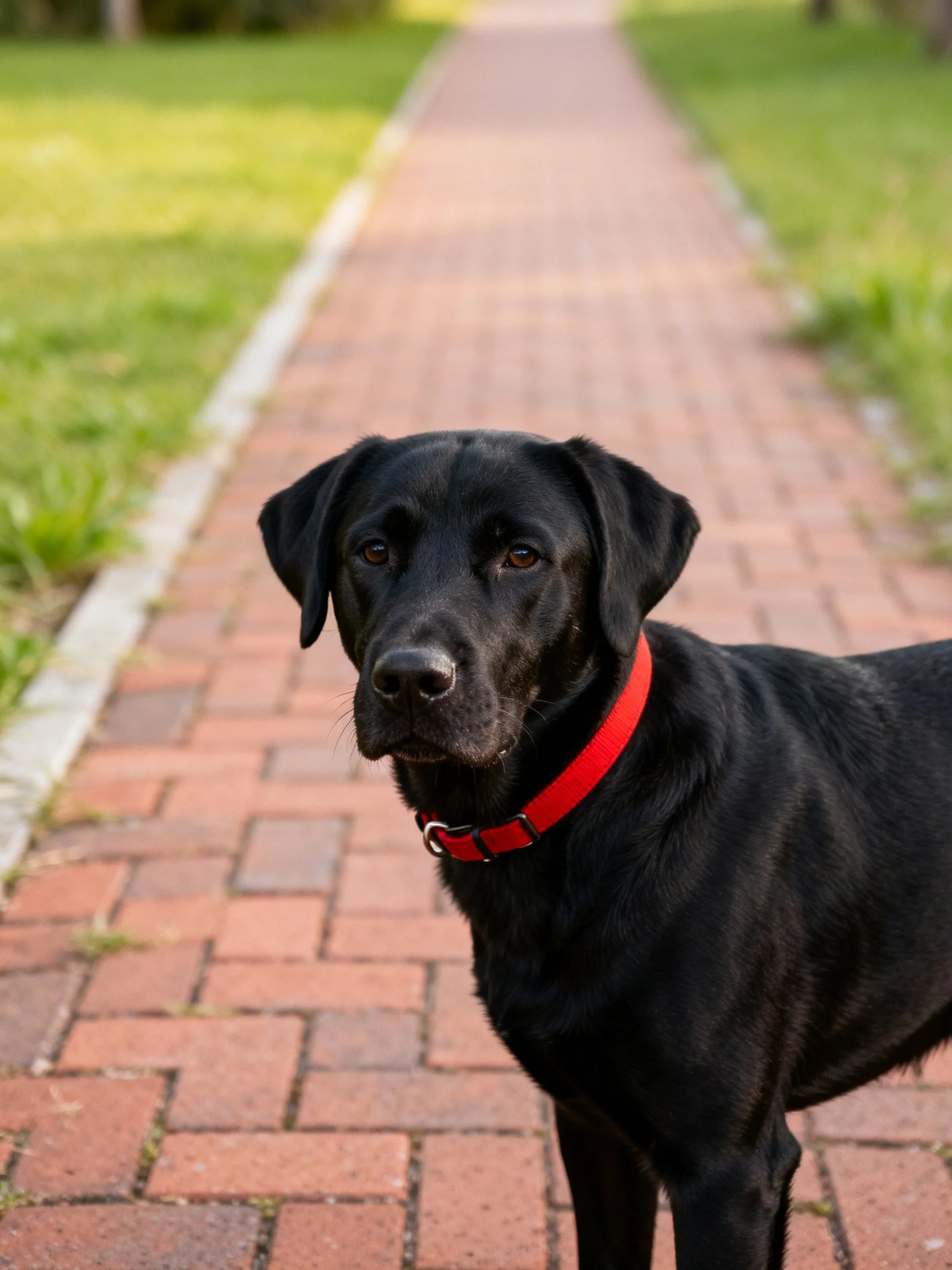 A black dog with a bright red collar on a brick pathway