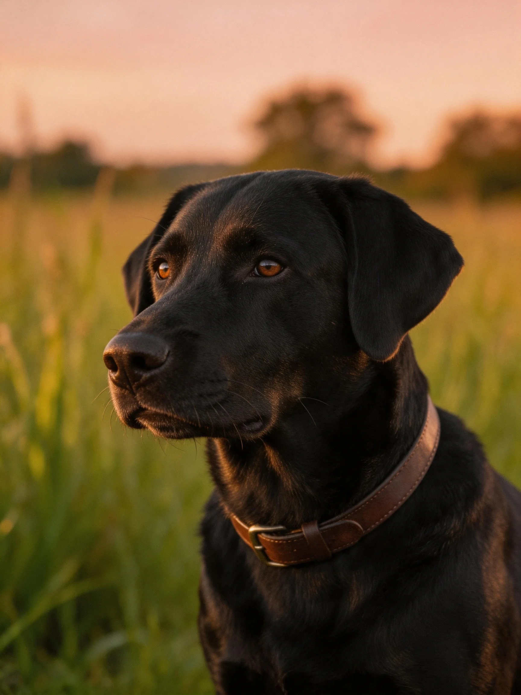 A black dog with a brown collar sits in a sunlit grassy field during sunset.