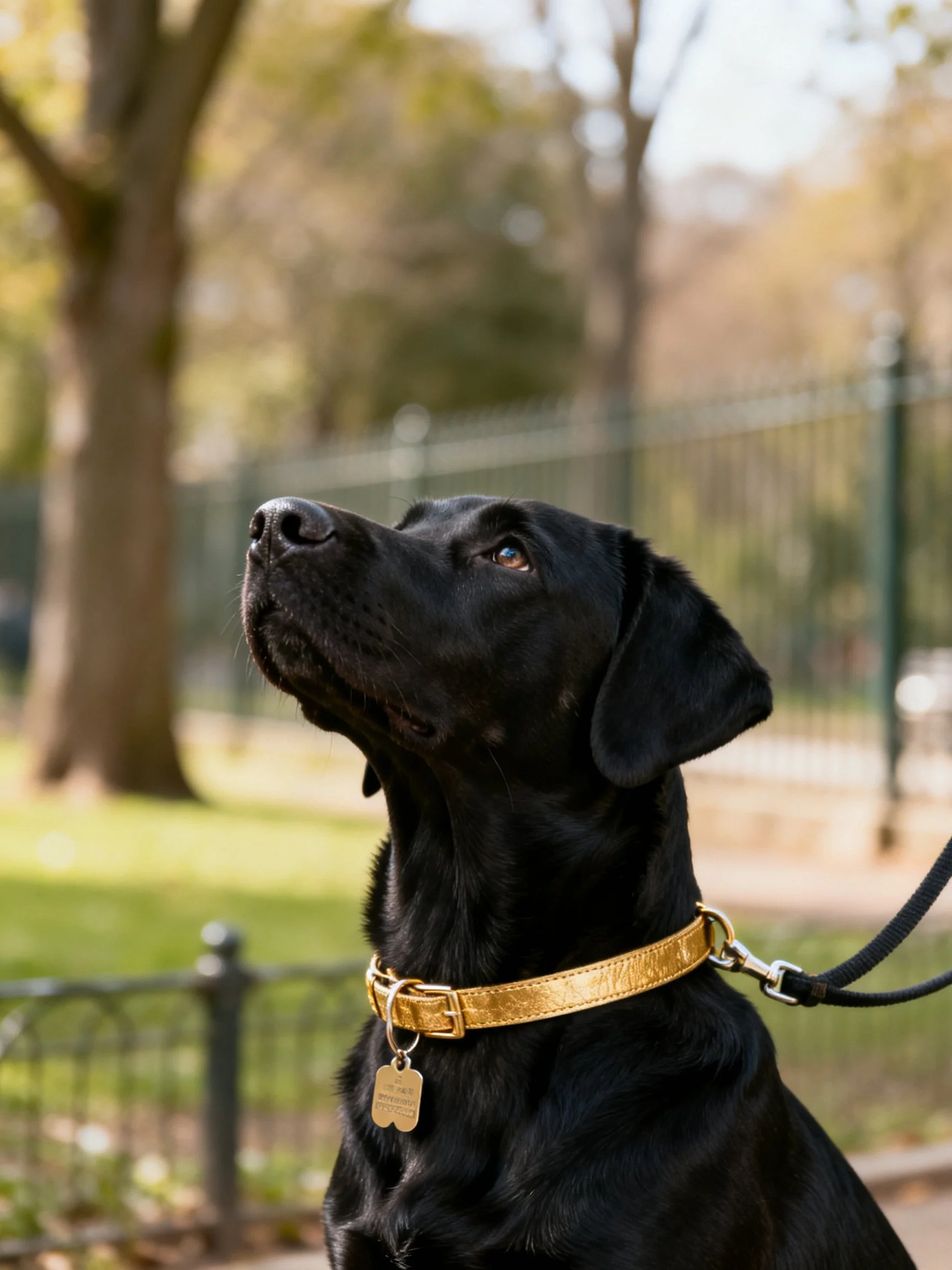 A black dog with a gold collar looks upward in a sun-dappled outdoor park.