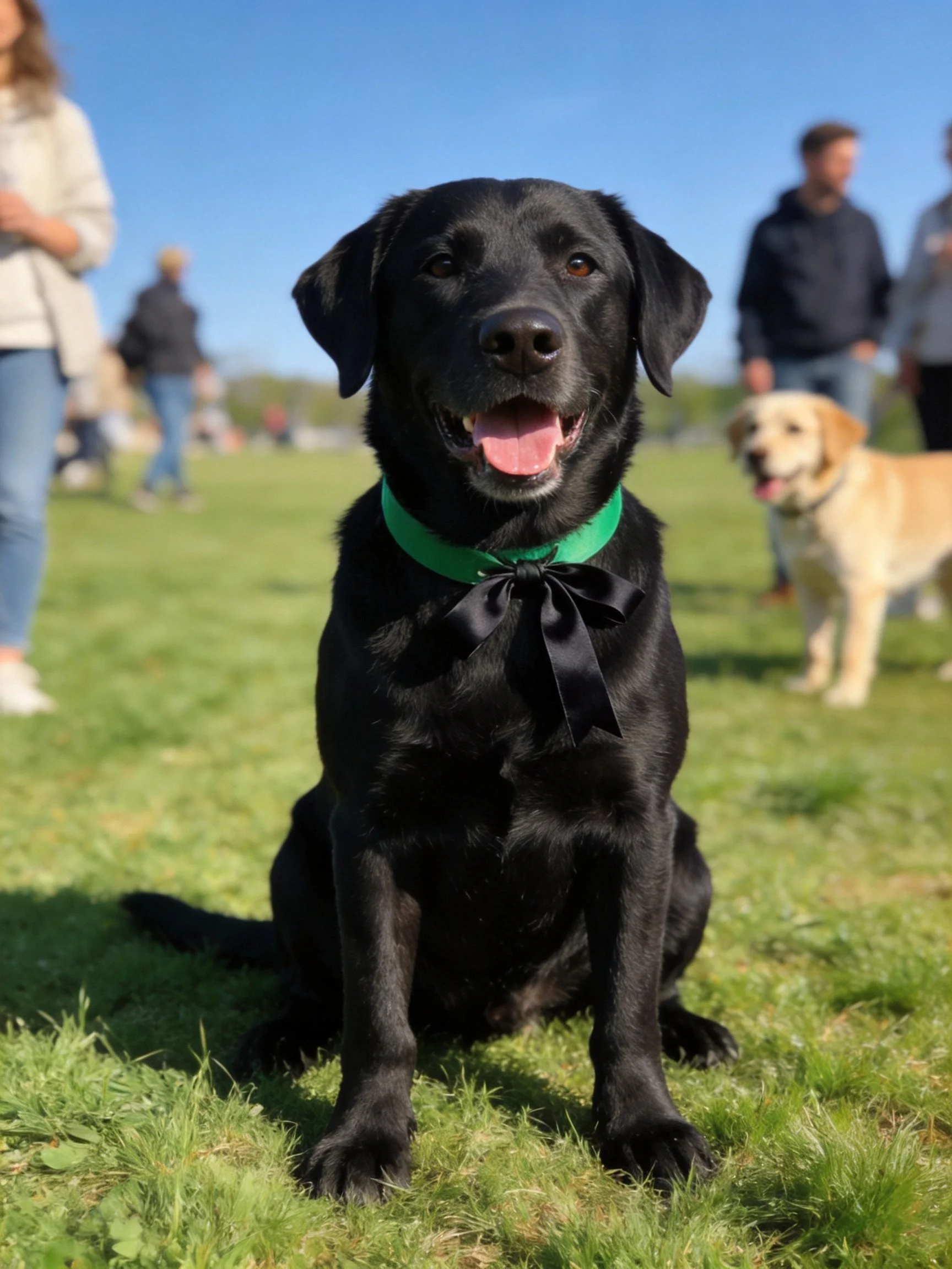 A black dog sits on grass with a golden retriever nearby in an outdoor setting.
