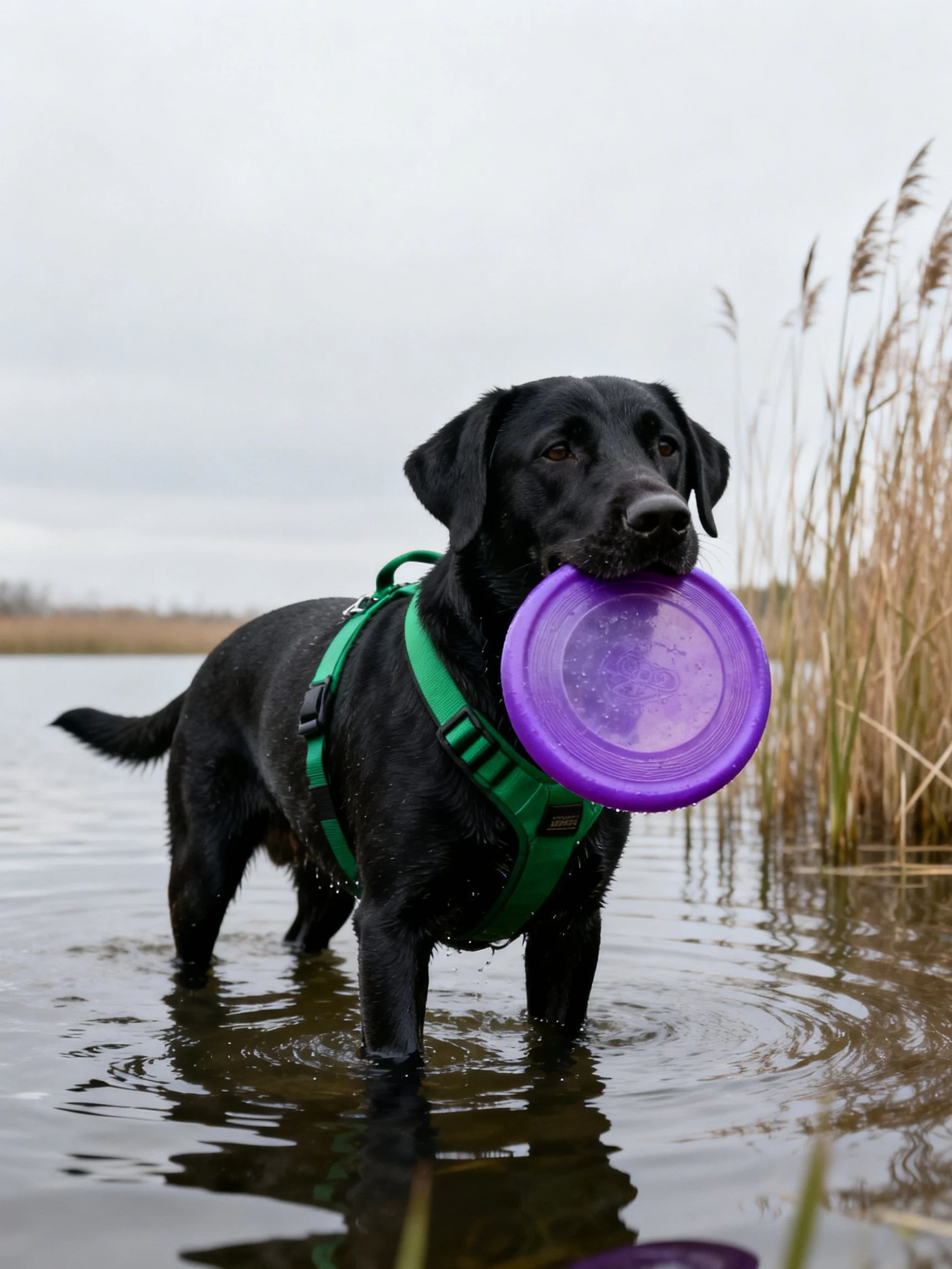 A black dog with a green harness holds a purple frisbee in shallow water