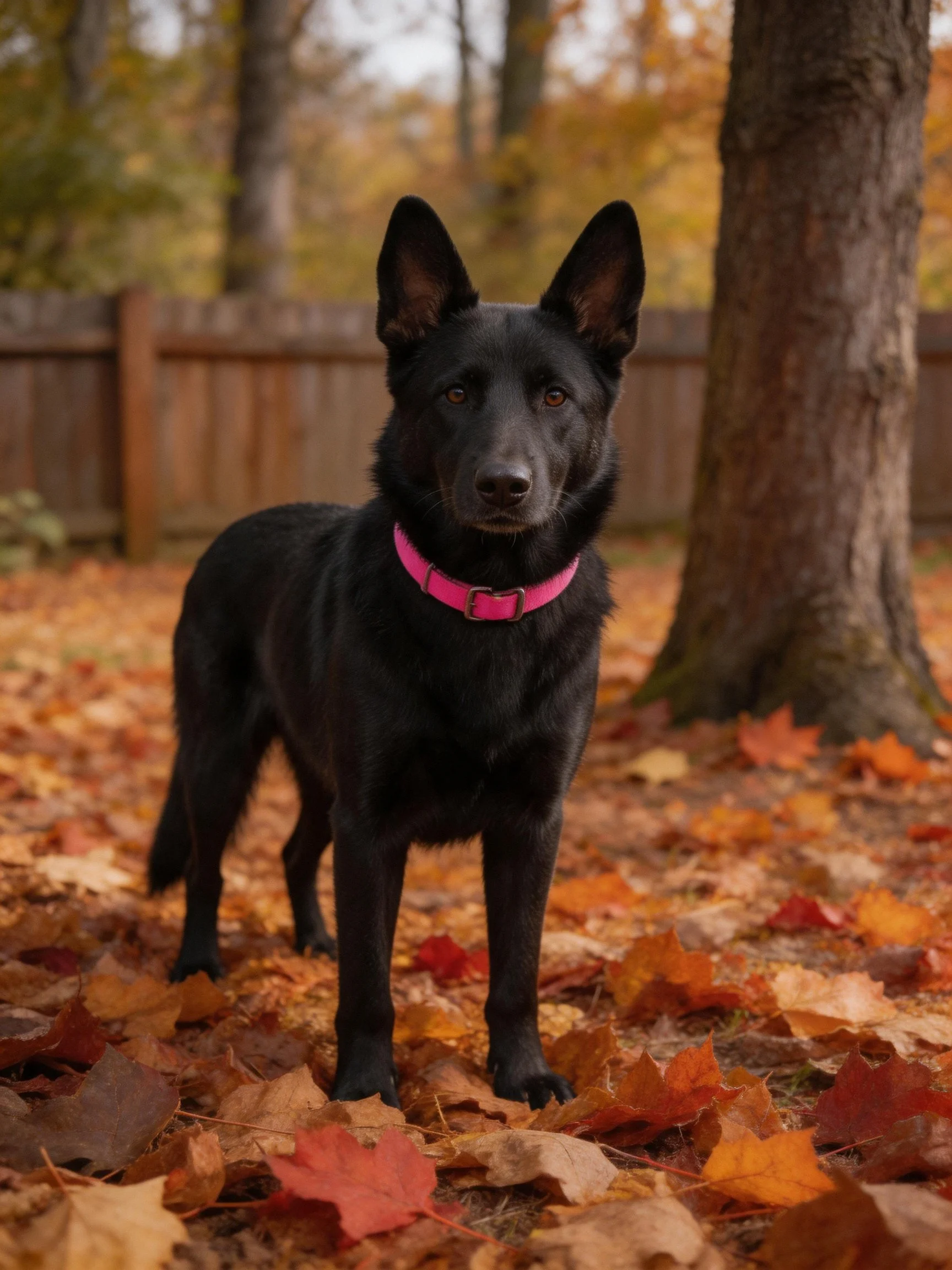 A black dog with a pink collar among autumn leaves in an outdoor area