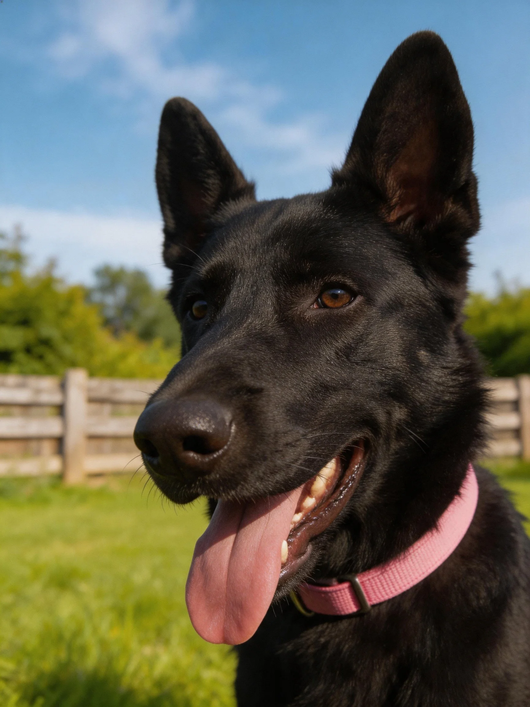 A black dog with a pink collar enjoys time outdoors on a sunny day.