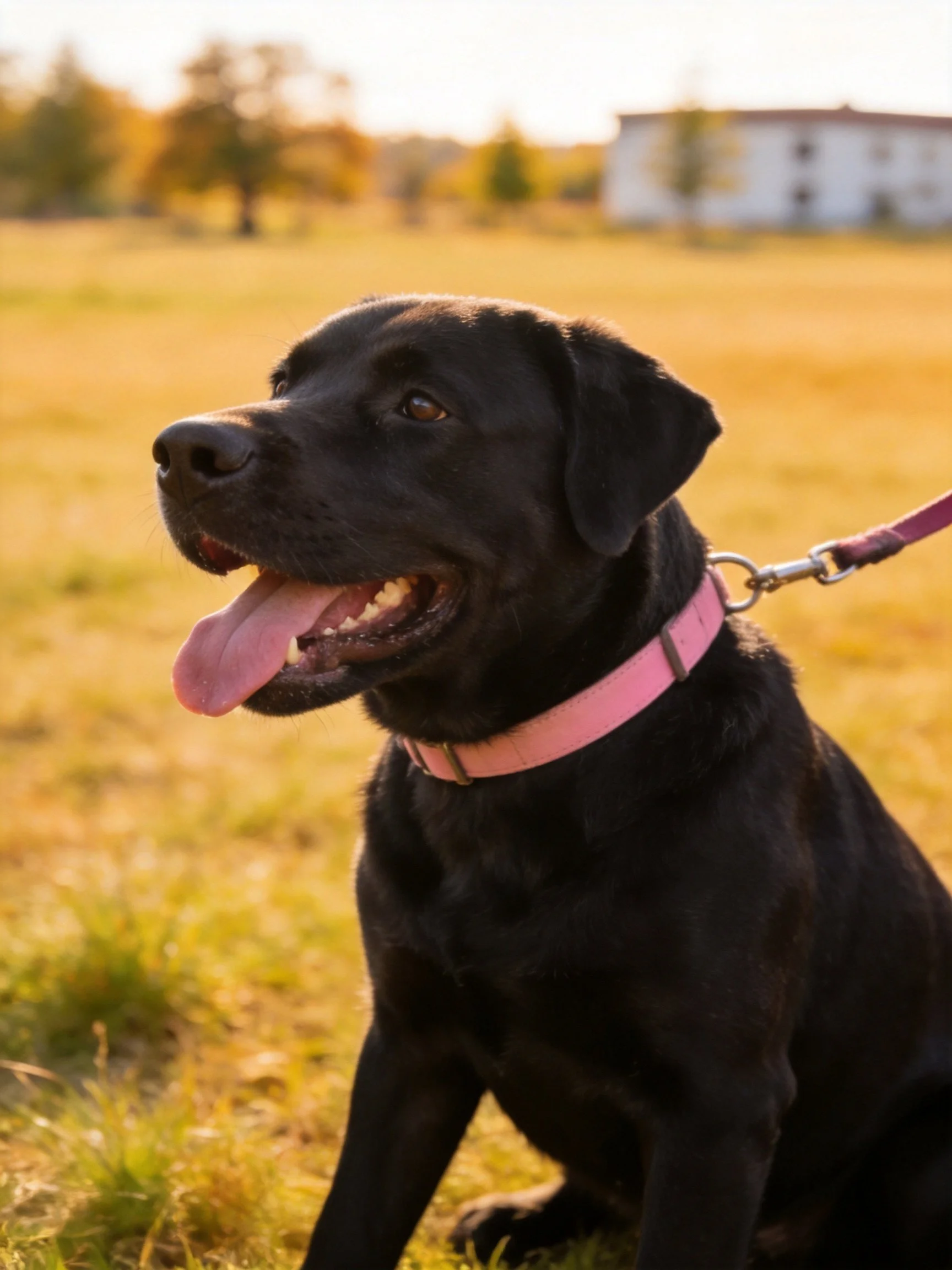 A black dog with a pink collar sits calmly in a sunlit field.