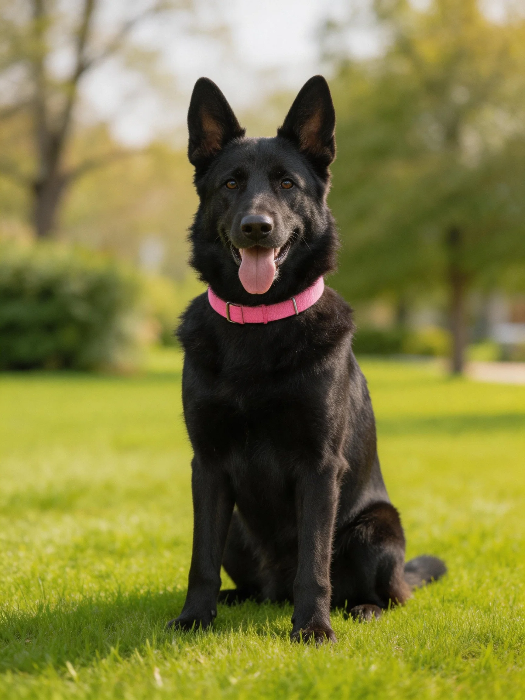 A black dog with a pink collar relaxes on grass in an outdoor area.