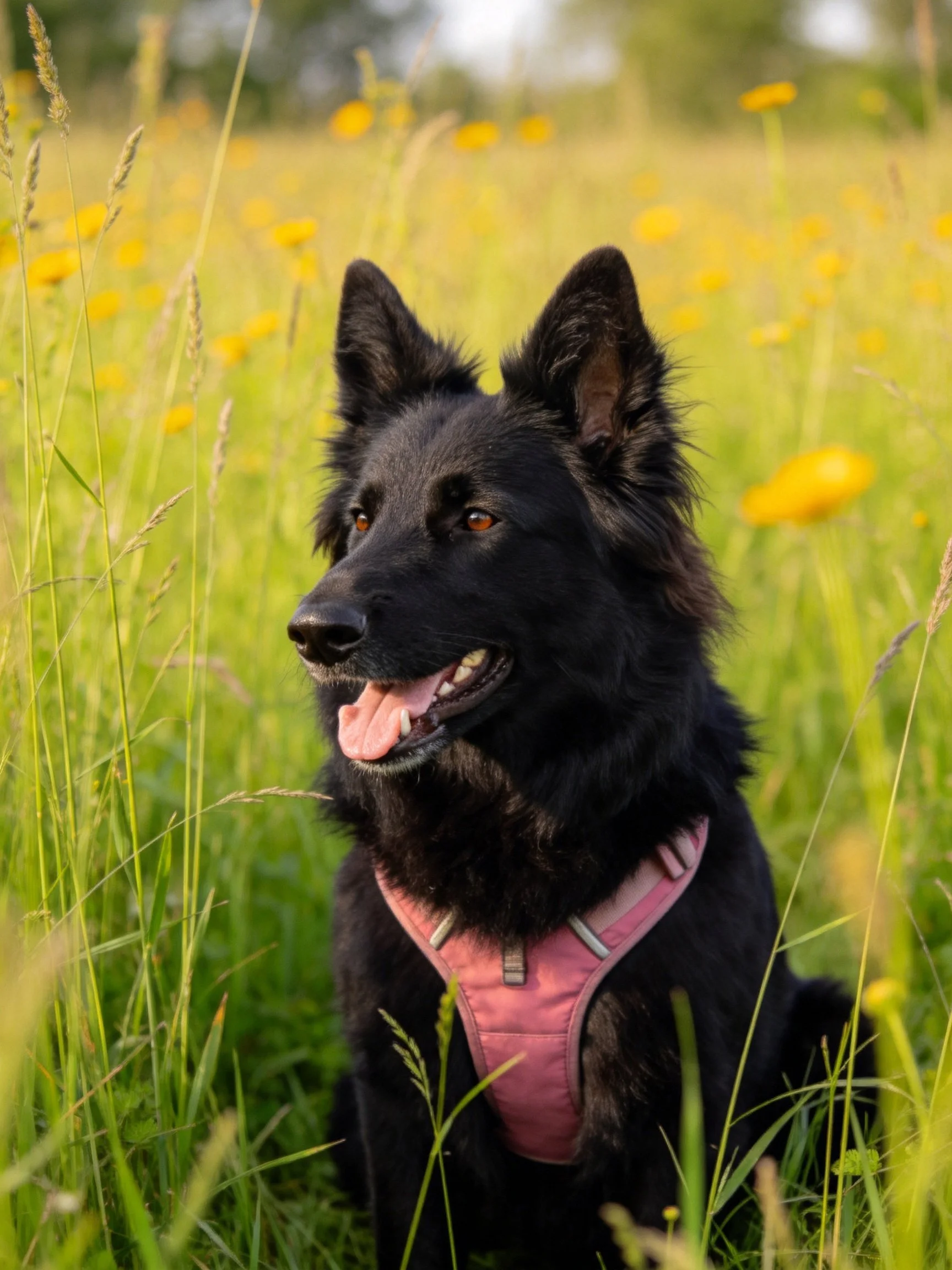A black dog with a pink harness sits amid tall green grass and yellow wildflowers