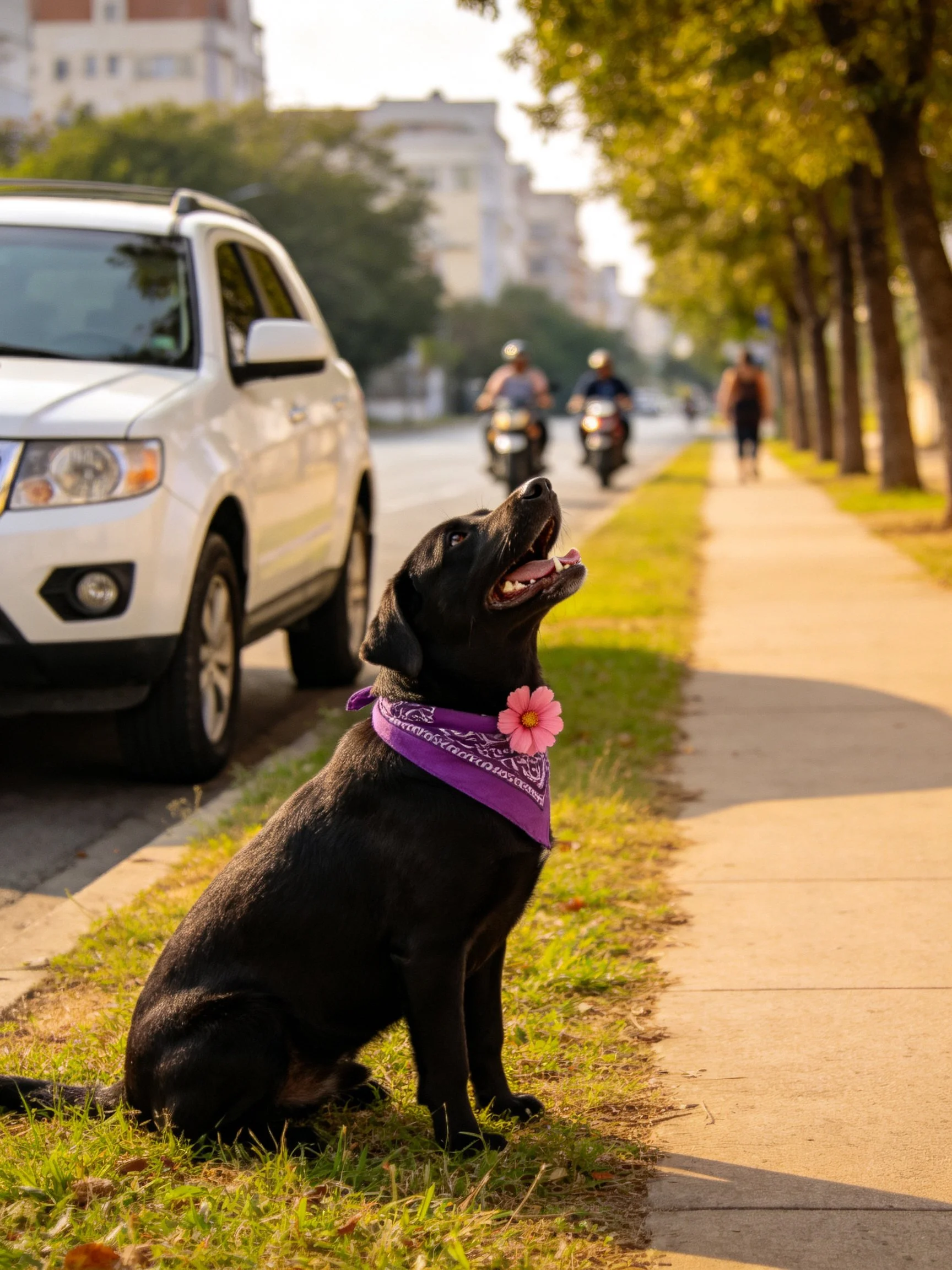 A black dog with a purple bandana sits next to a white SUV