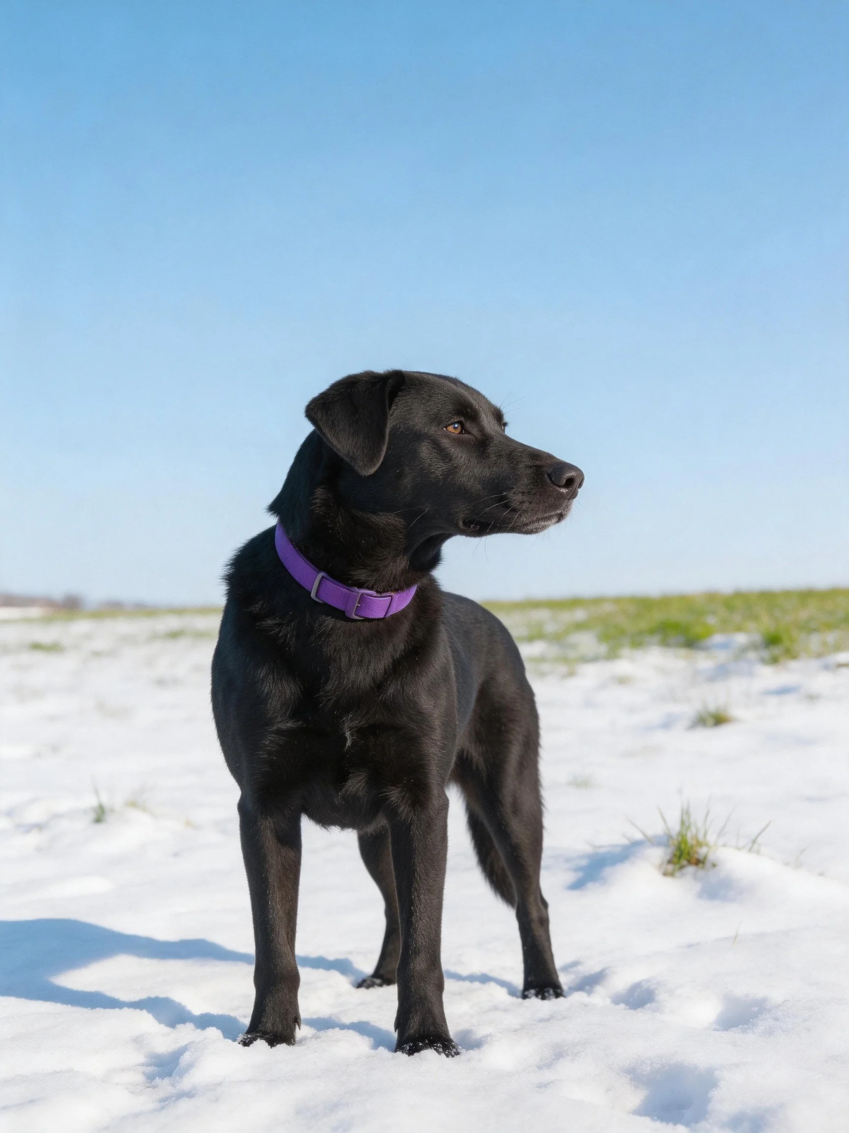 A black dog with a purple collar stands on snow in an open area.