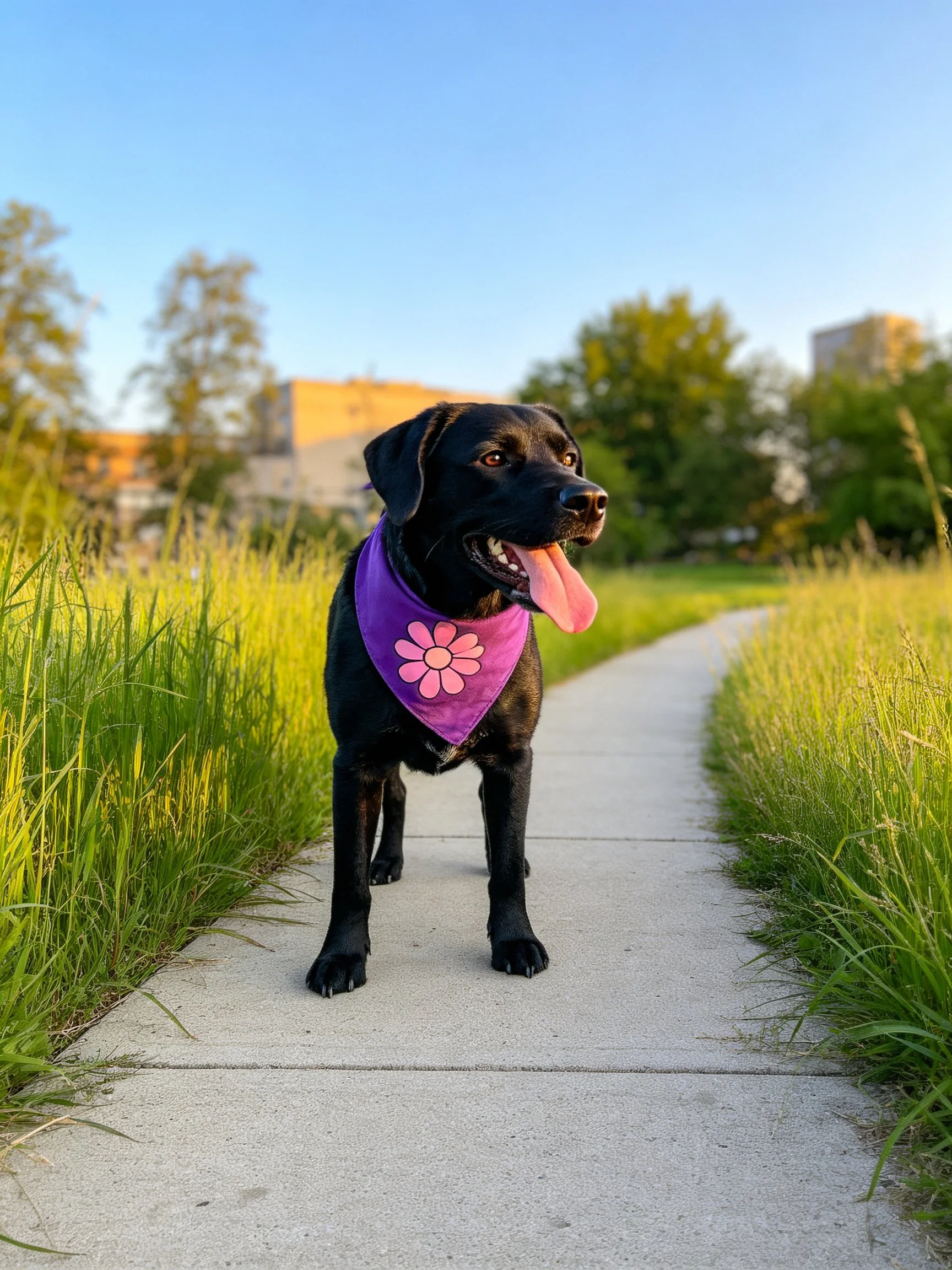 A black dog wearing a purple flower bandana stands on a concrete path surrounded by tall grass.