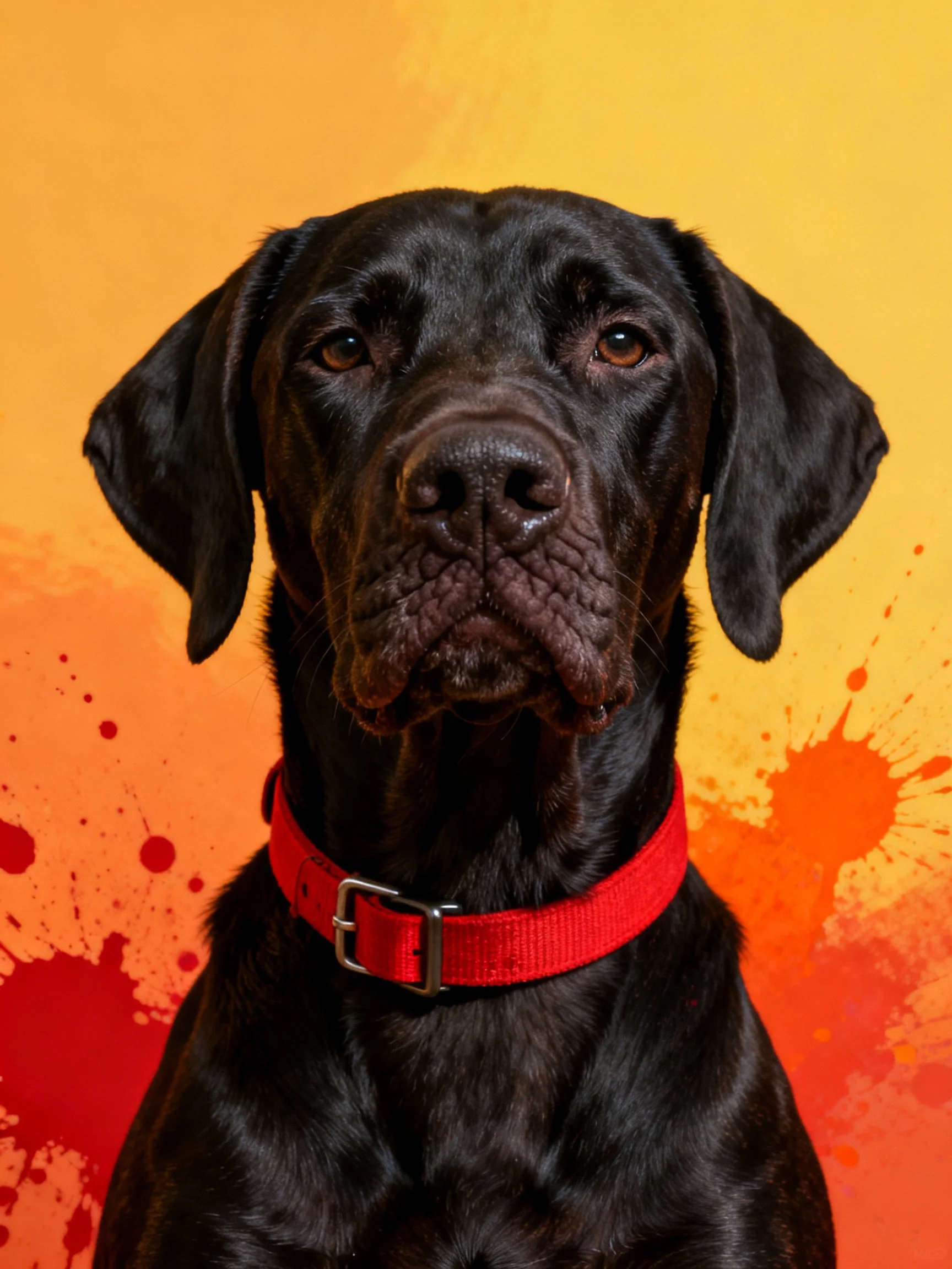 A black dog with a red collar against an orange-yellow splattered backdrop