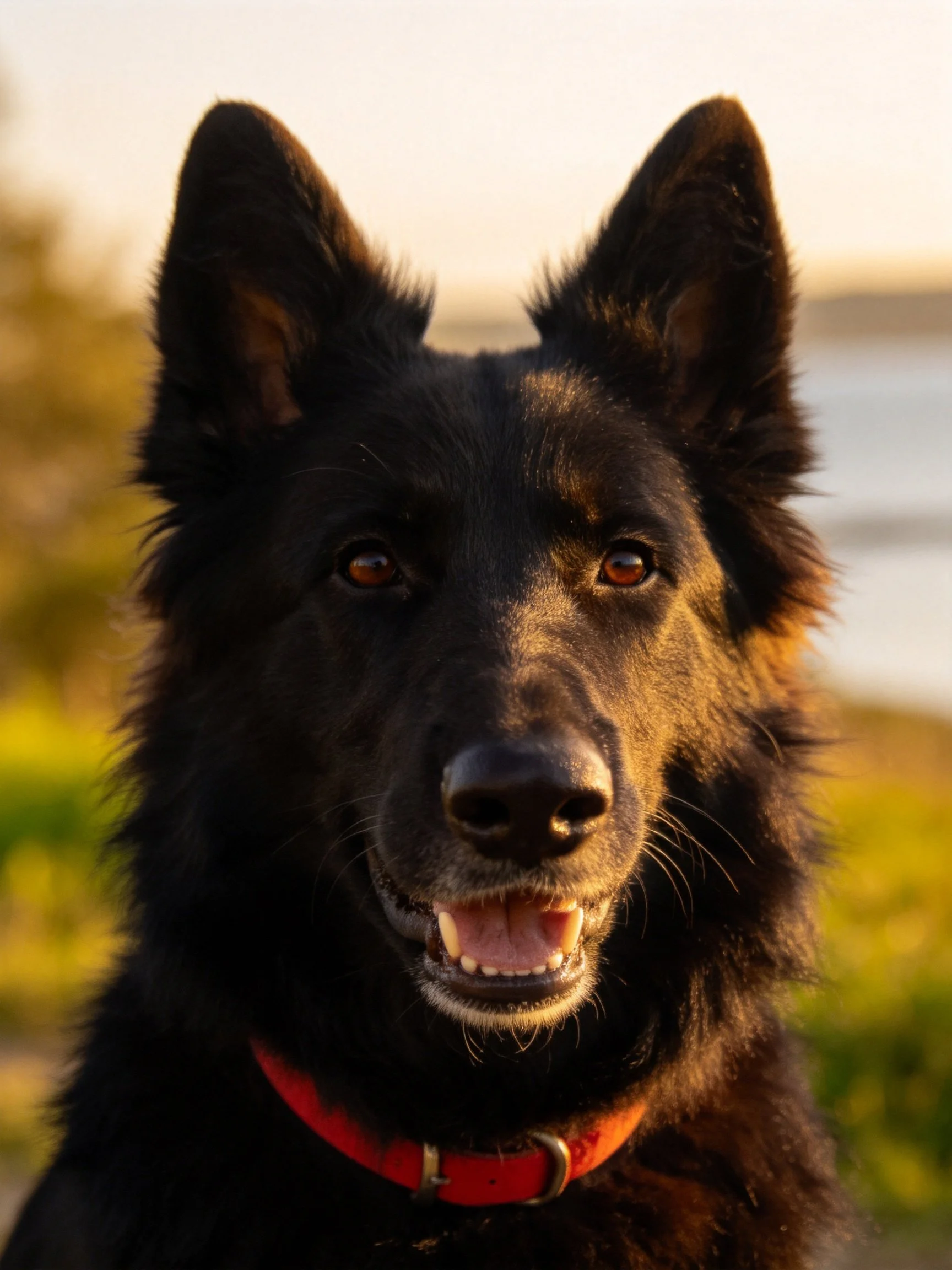 A black dog with a red collar, ears perked, in natural light