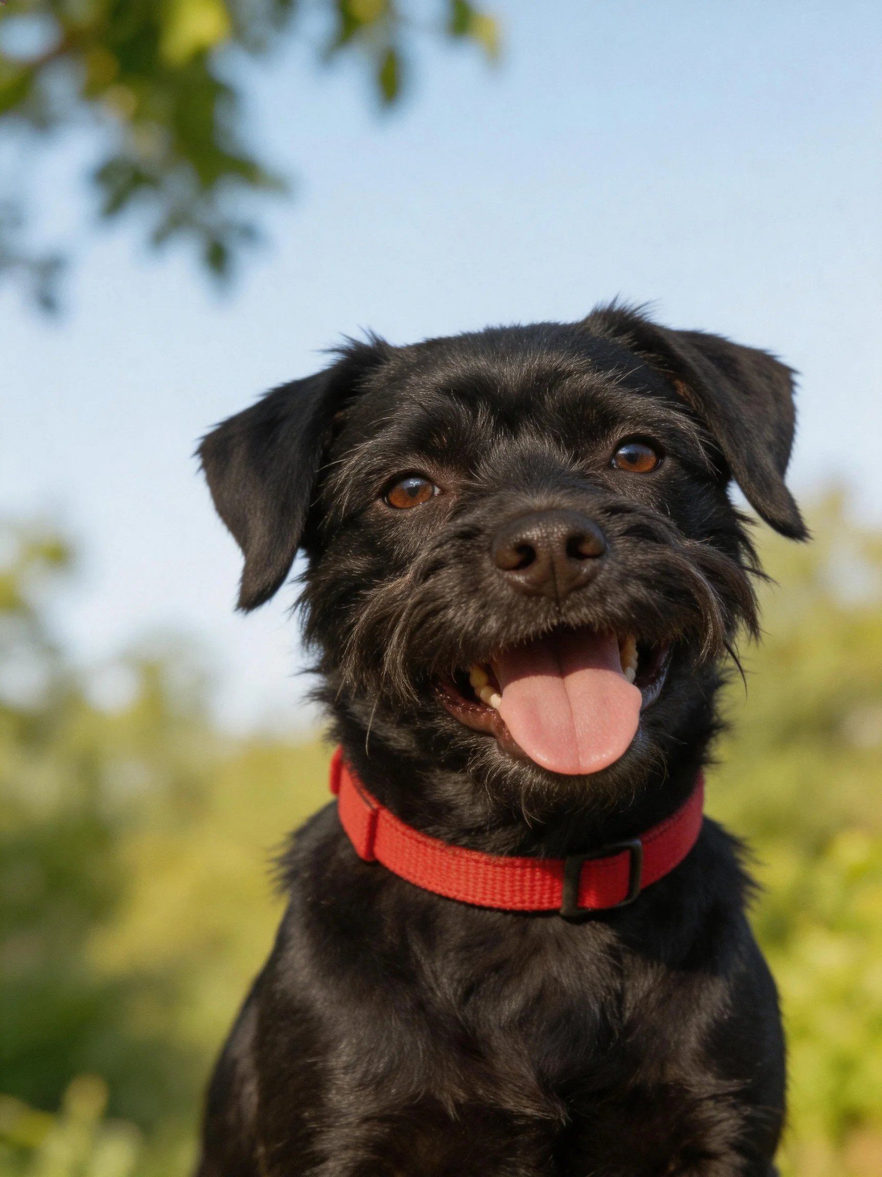 A black dog with a red collar in a sunny outdoor area