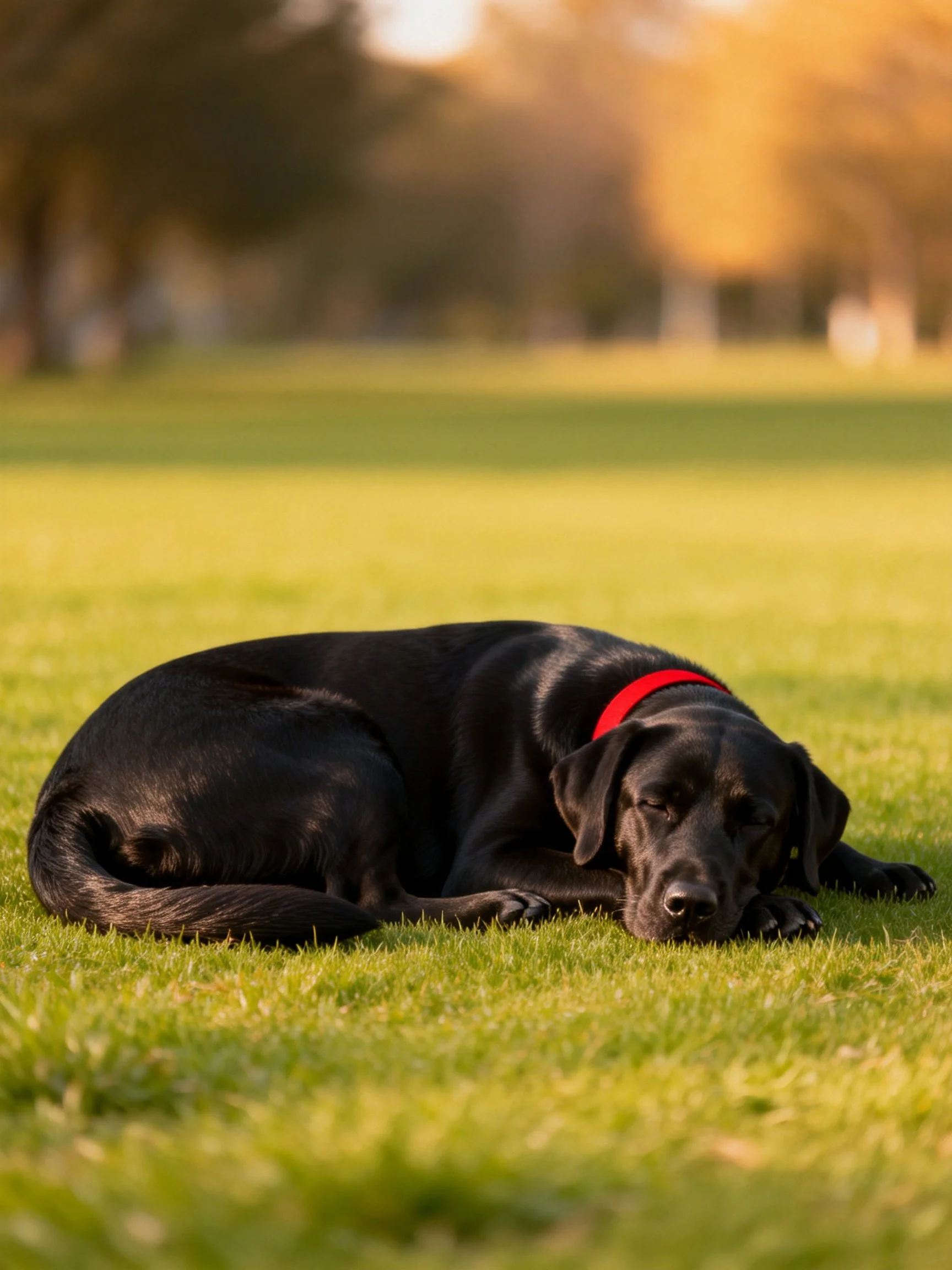 A black dog with a red collar relaxes on green grass outdoors.