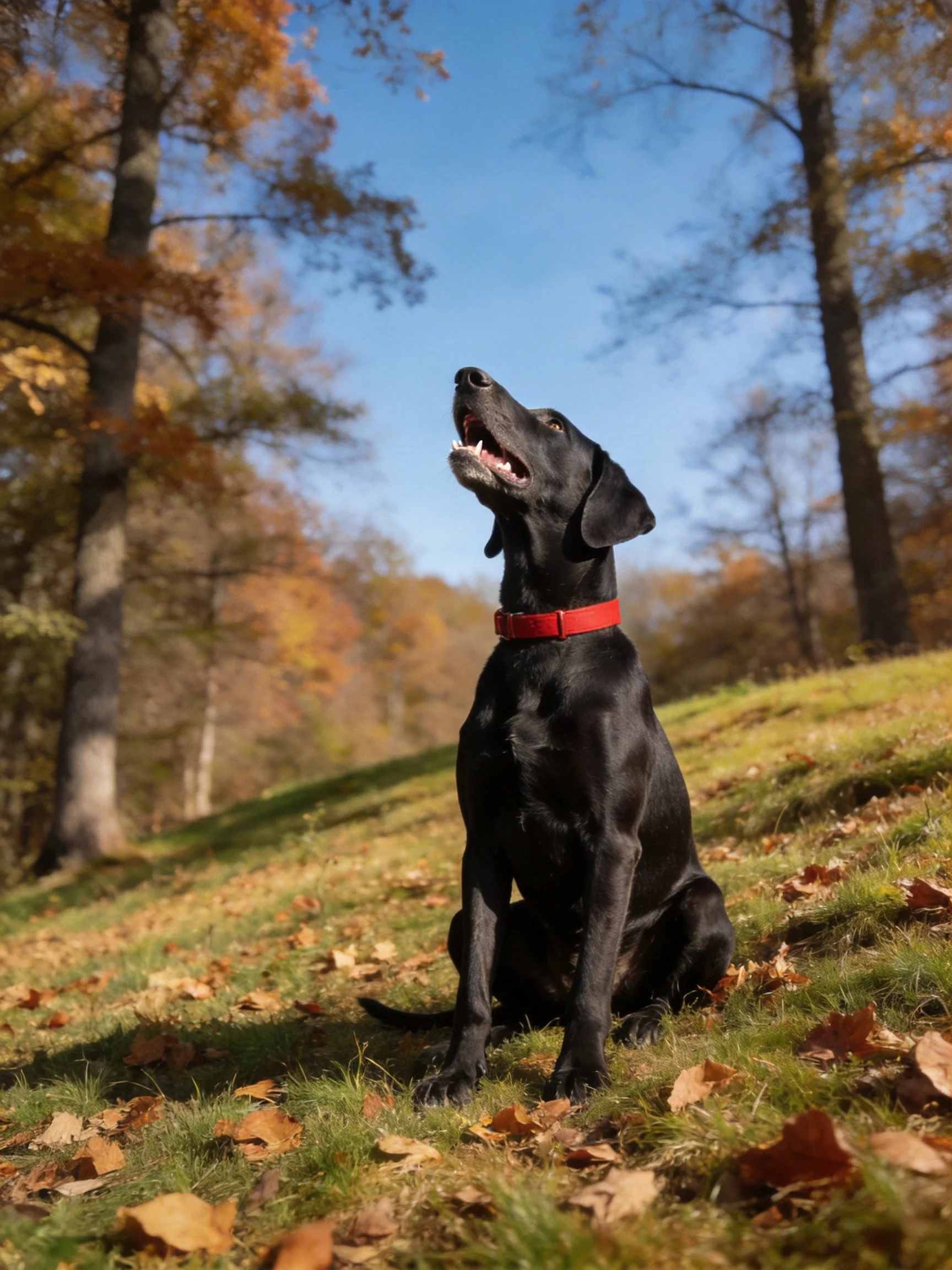 A black dog with a red collar sits outdoors in a sunny autumn landscape with fallen leaves.