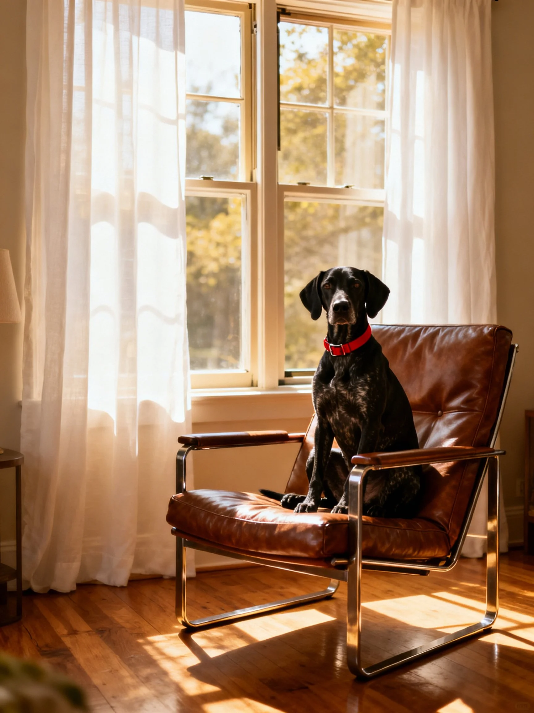 A black dog sits on a brown leather chair in a sunlit room withlarge windows.