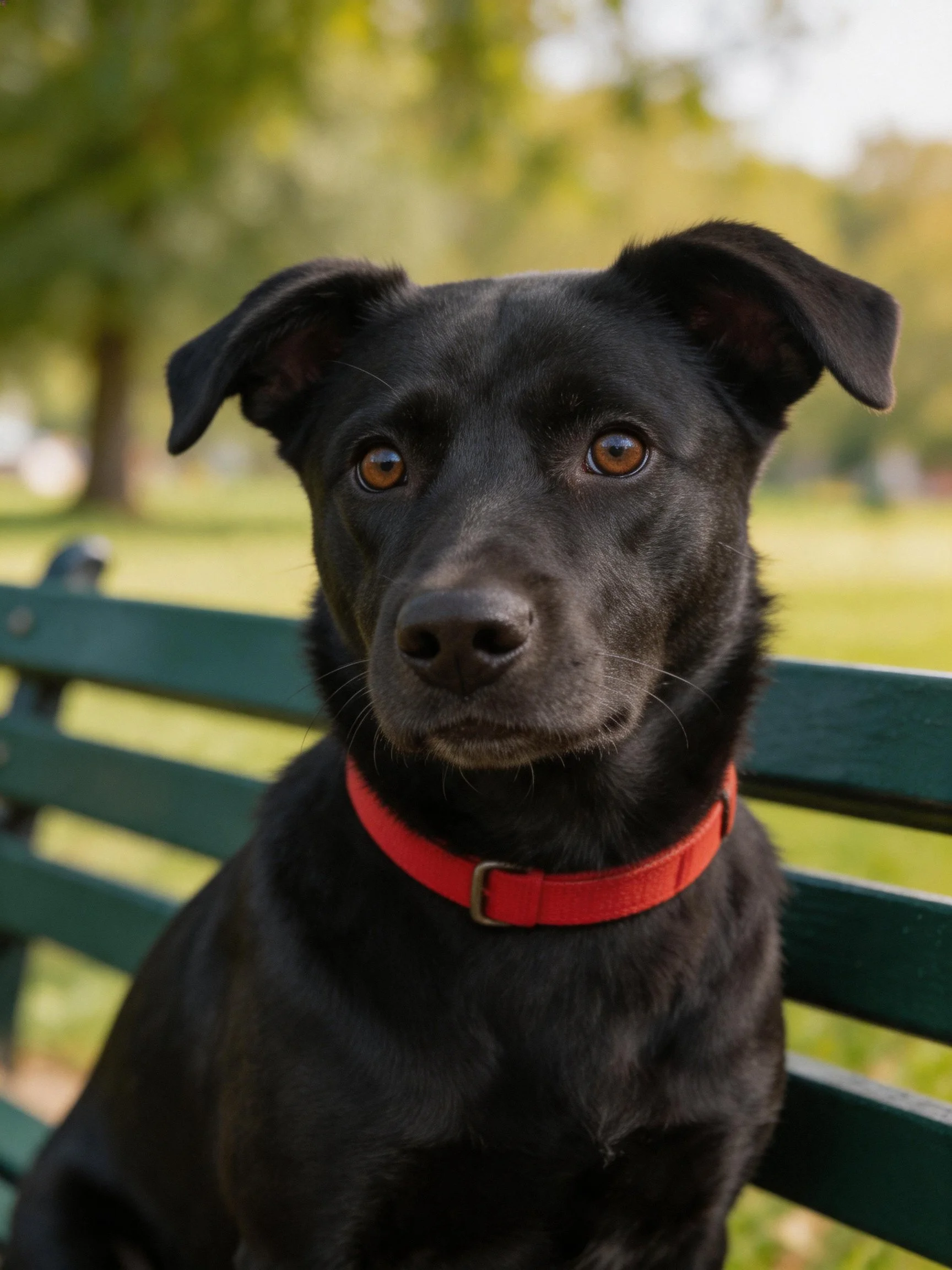 A black dog with a red collar rests on a green park bench in a sunny outdoor setting.