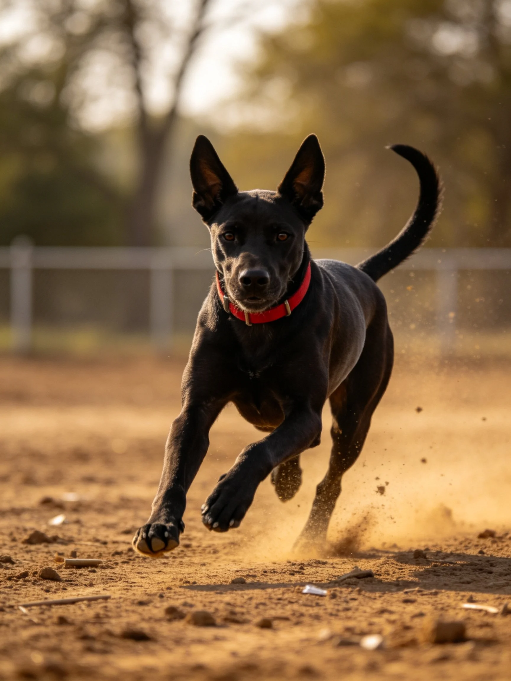 A black dog with a red collar sprints across dusty terrain