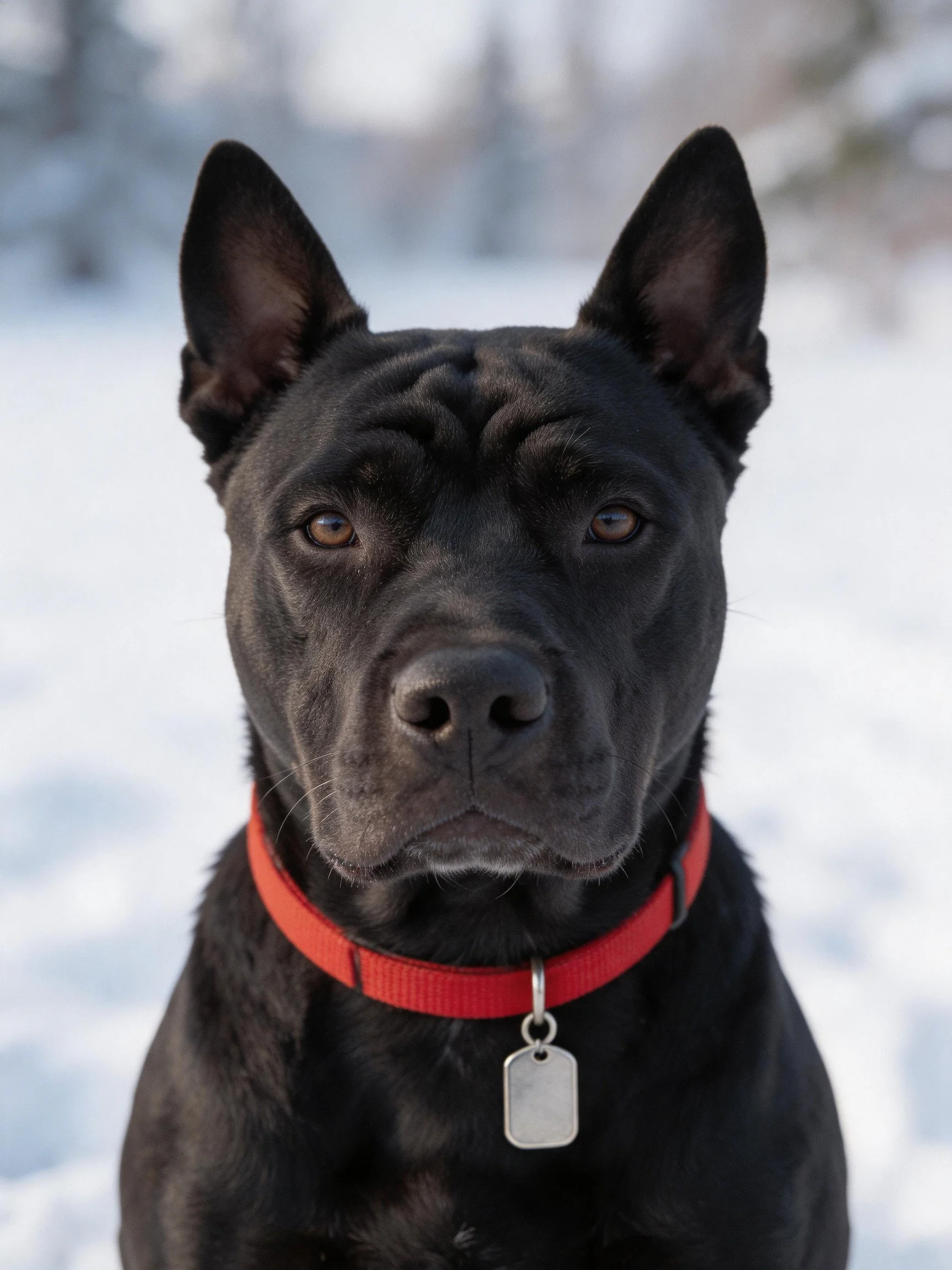 A black dog with a red collar is photographed outdoors in a snowy setting