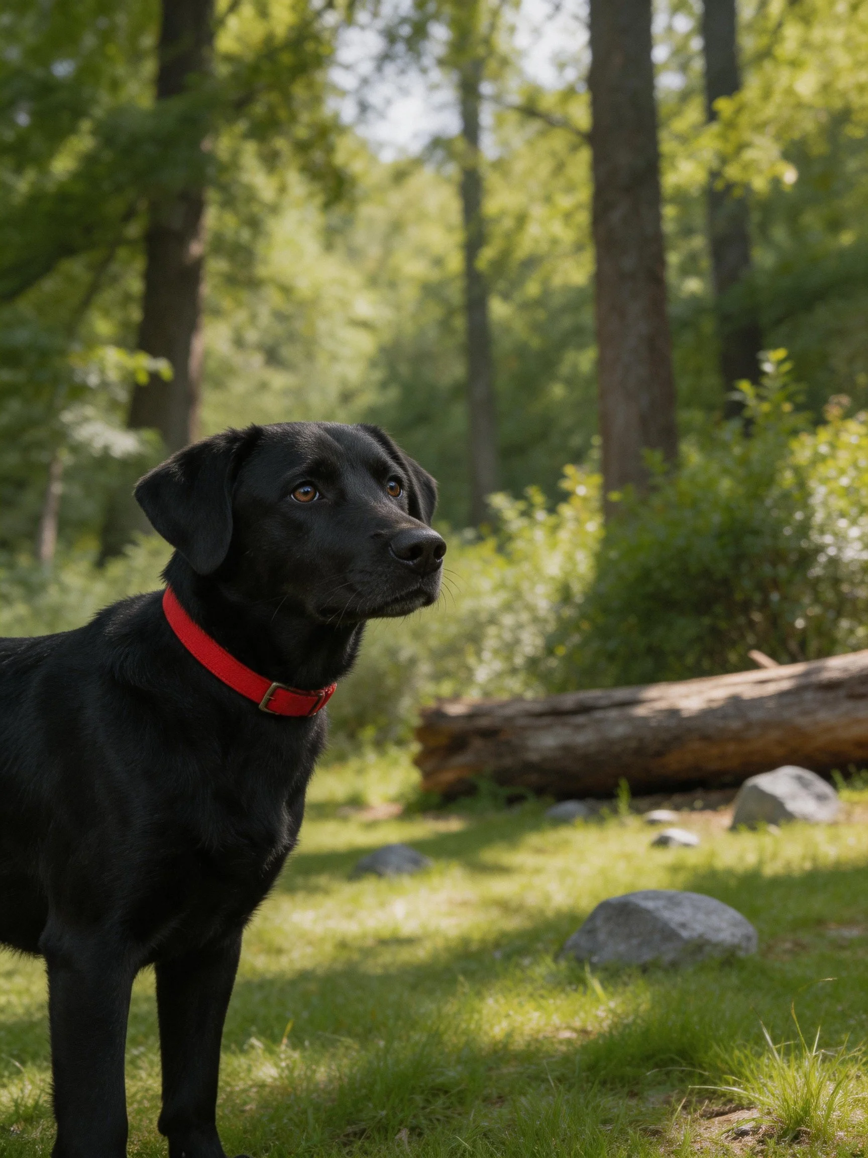 A black dog with a red collar stands in a sunlit forest.