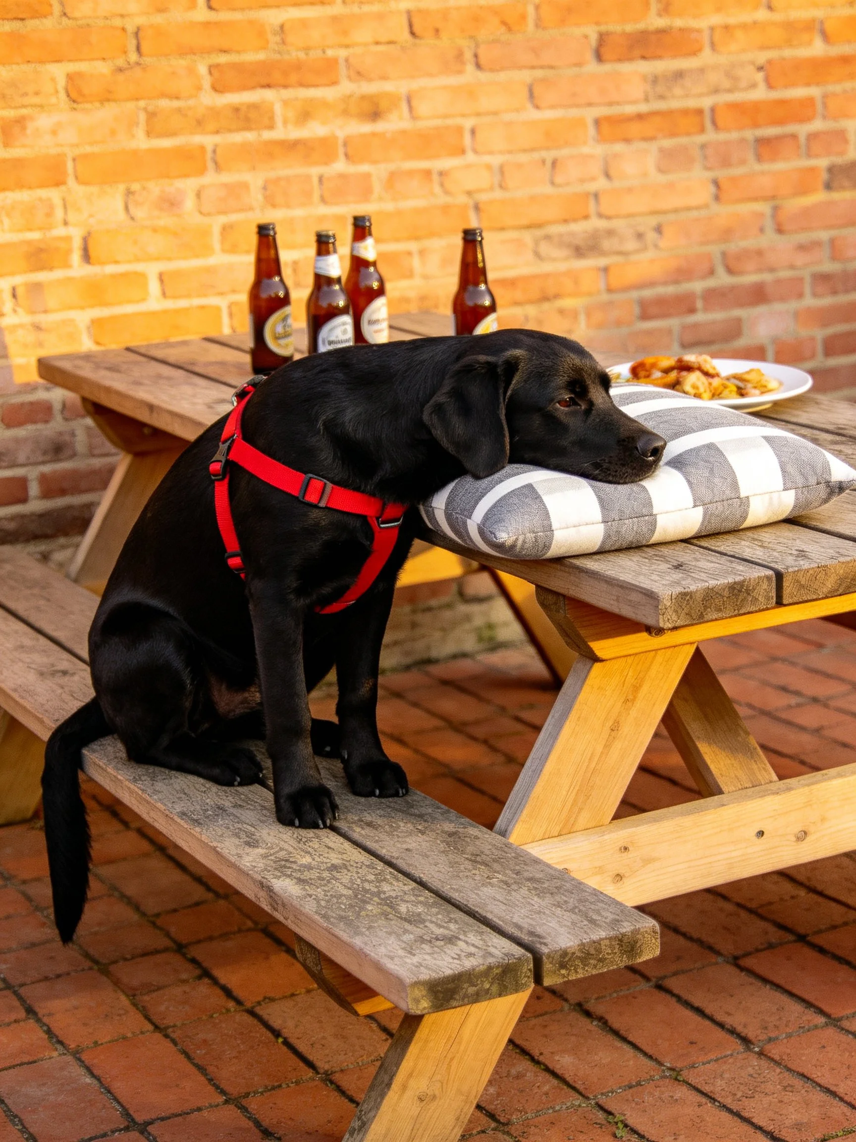 A black dog with a red harness sits by a wooden picnic table with beer bottles