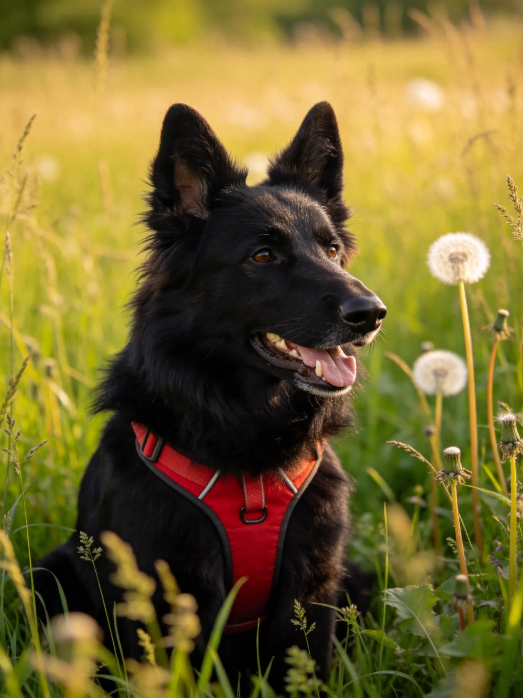 A black dog with a red harness sits in a sunlit meadow with dandelions