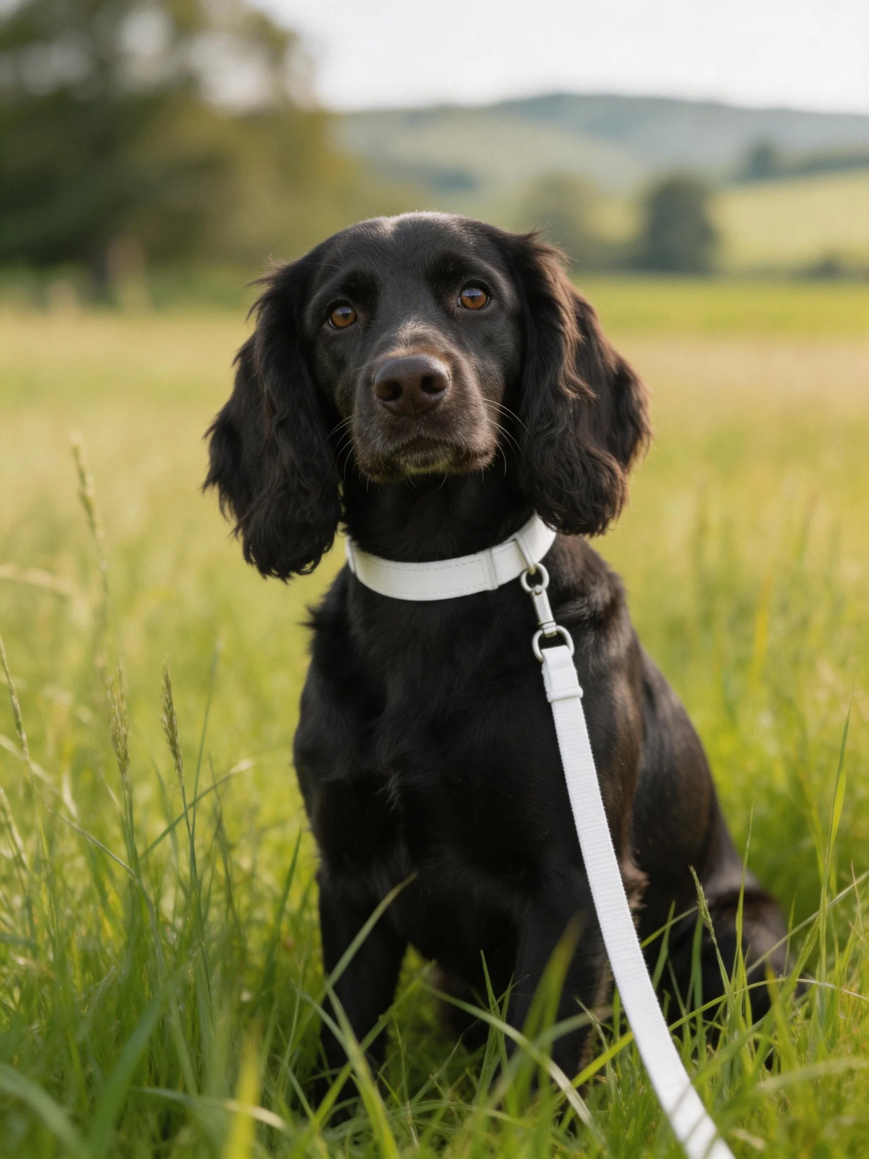 A black dog with a white collar sits calmly in a sunlit grassy field.