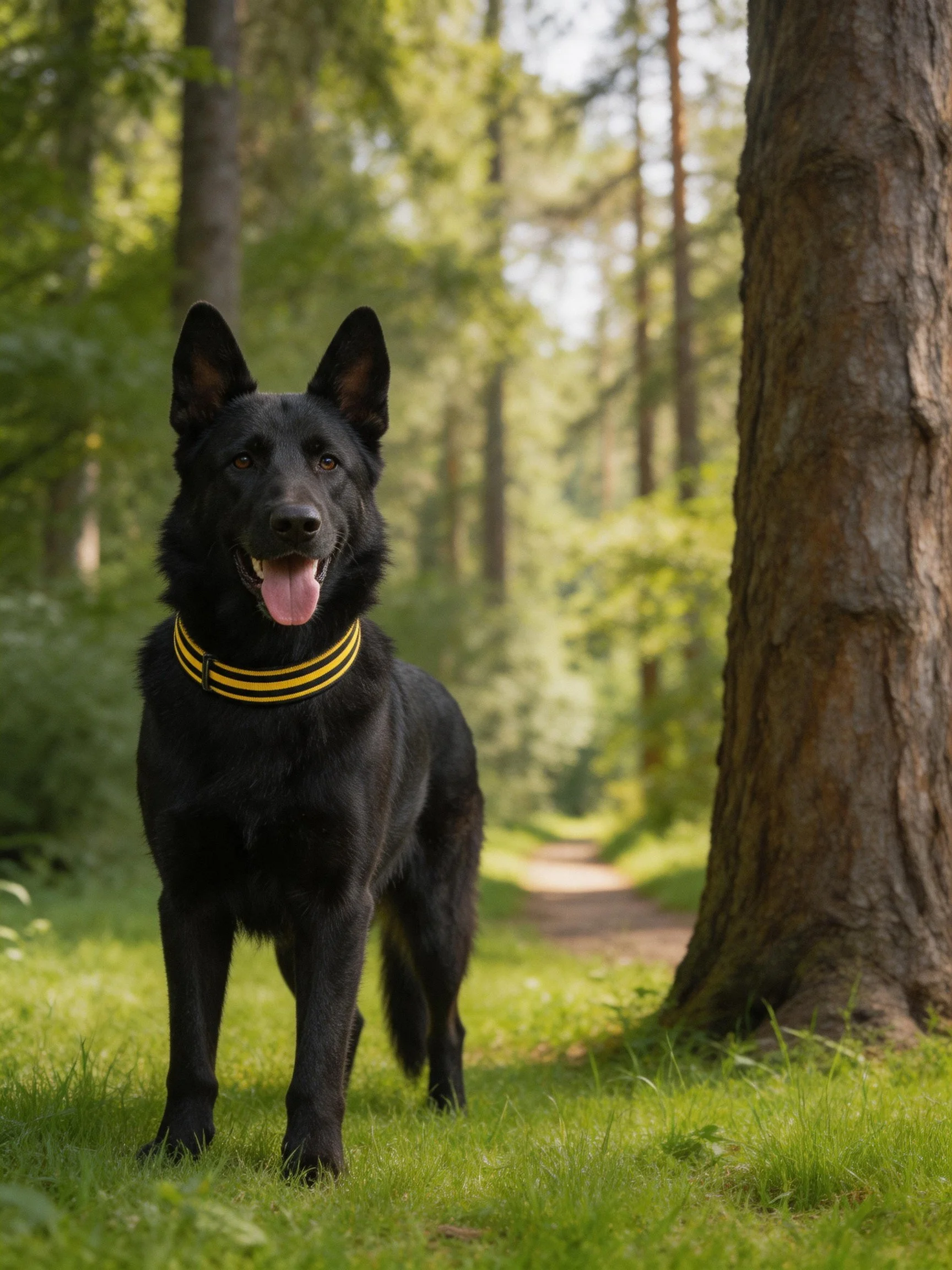 A black dog with a yellow collar stands in a sunlit forest.