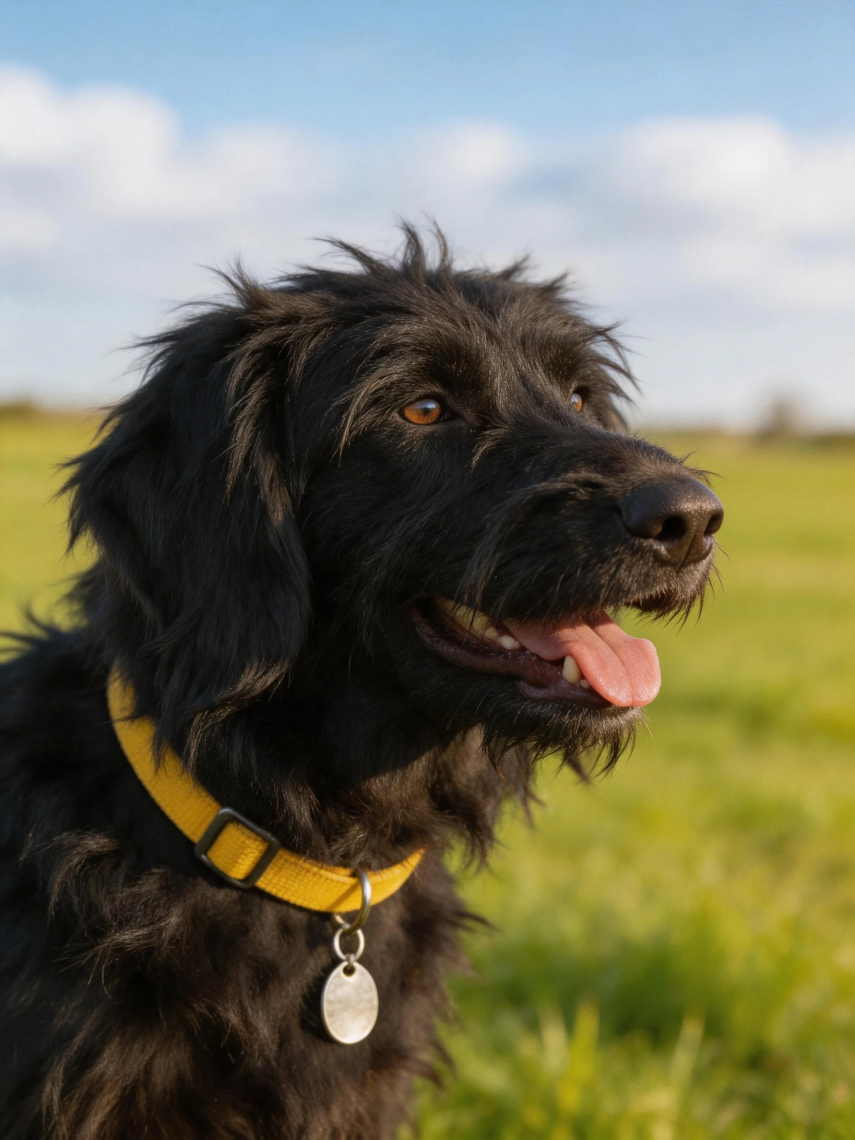 A black dog with a yellow collar enjoys time outdoors in a green field.