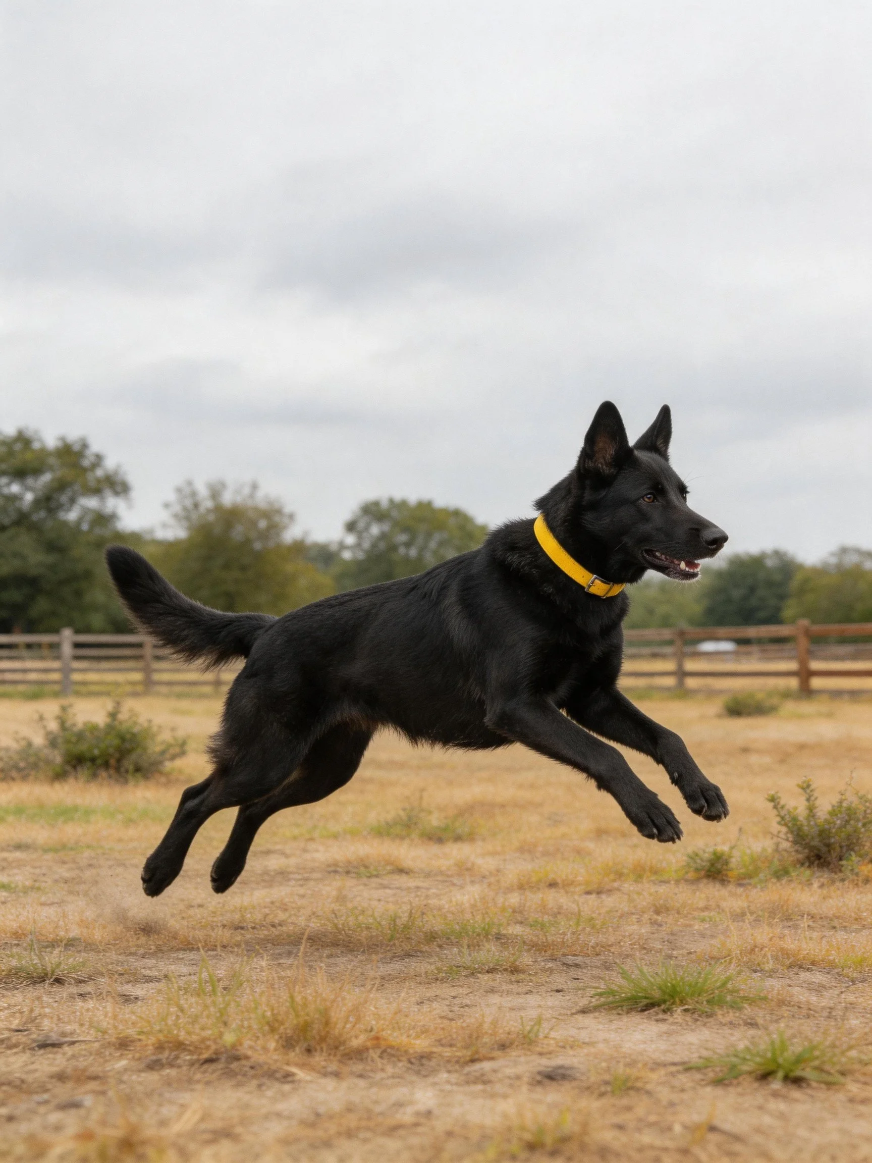 A black dog with a yellow collar jumps in an open field