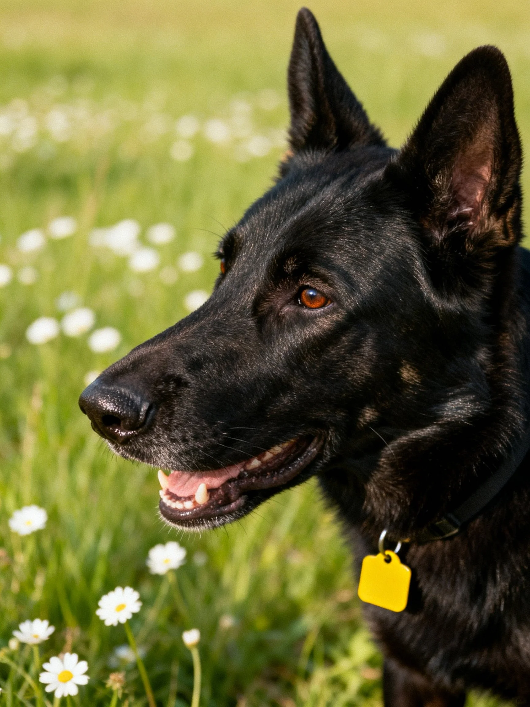 A black dog with a yellow tag in a flower-dotted green meadow