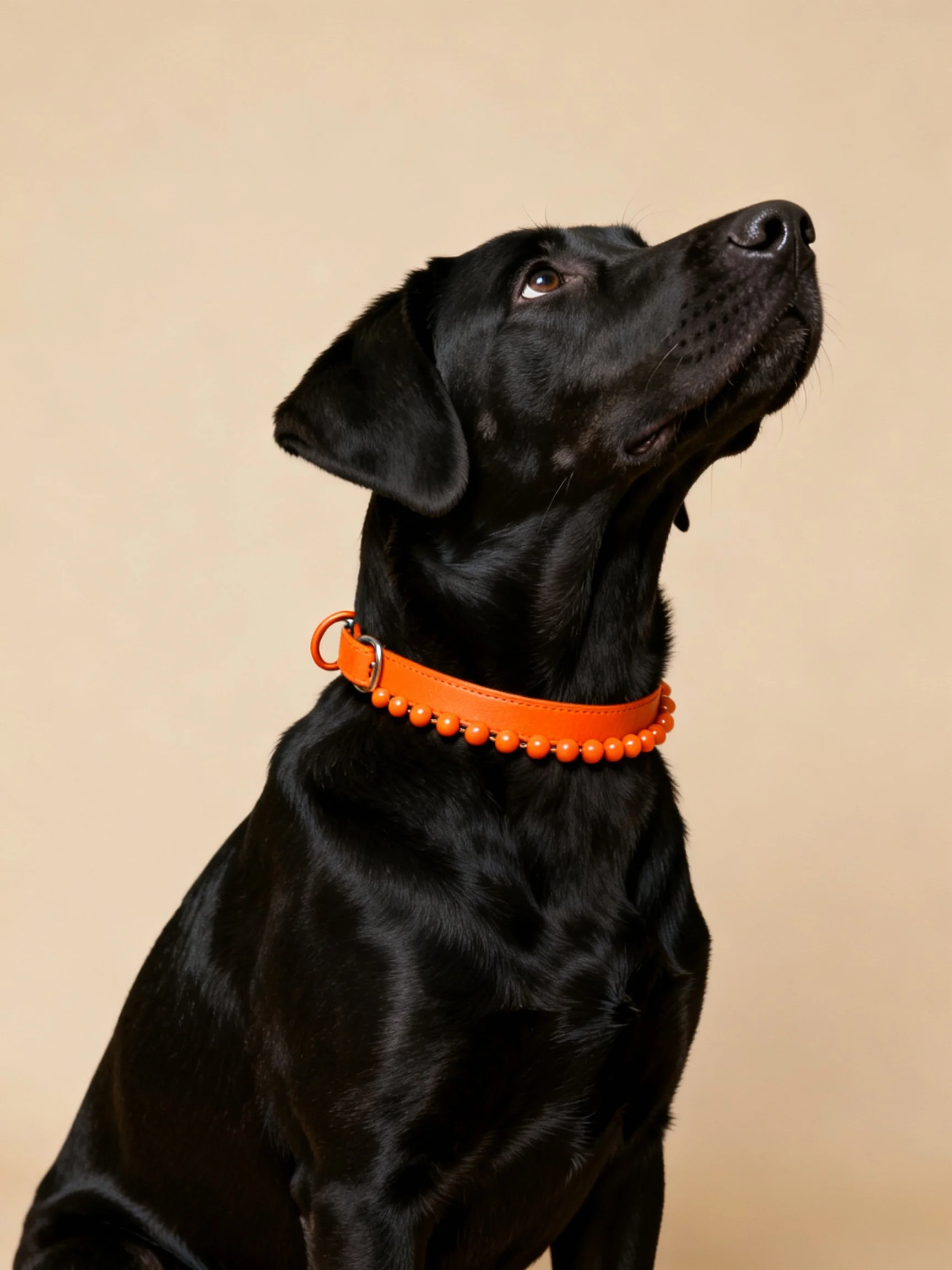 A black dog with an orange beaded collar gazes upward