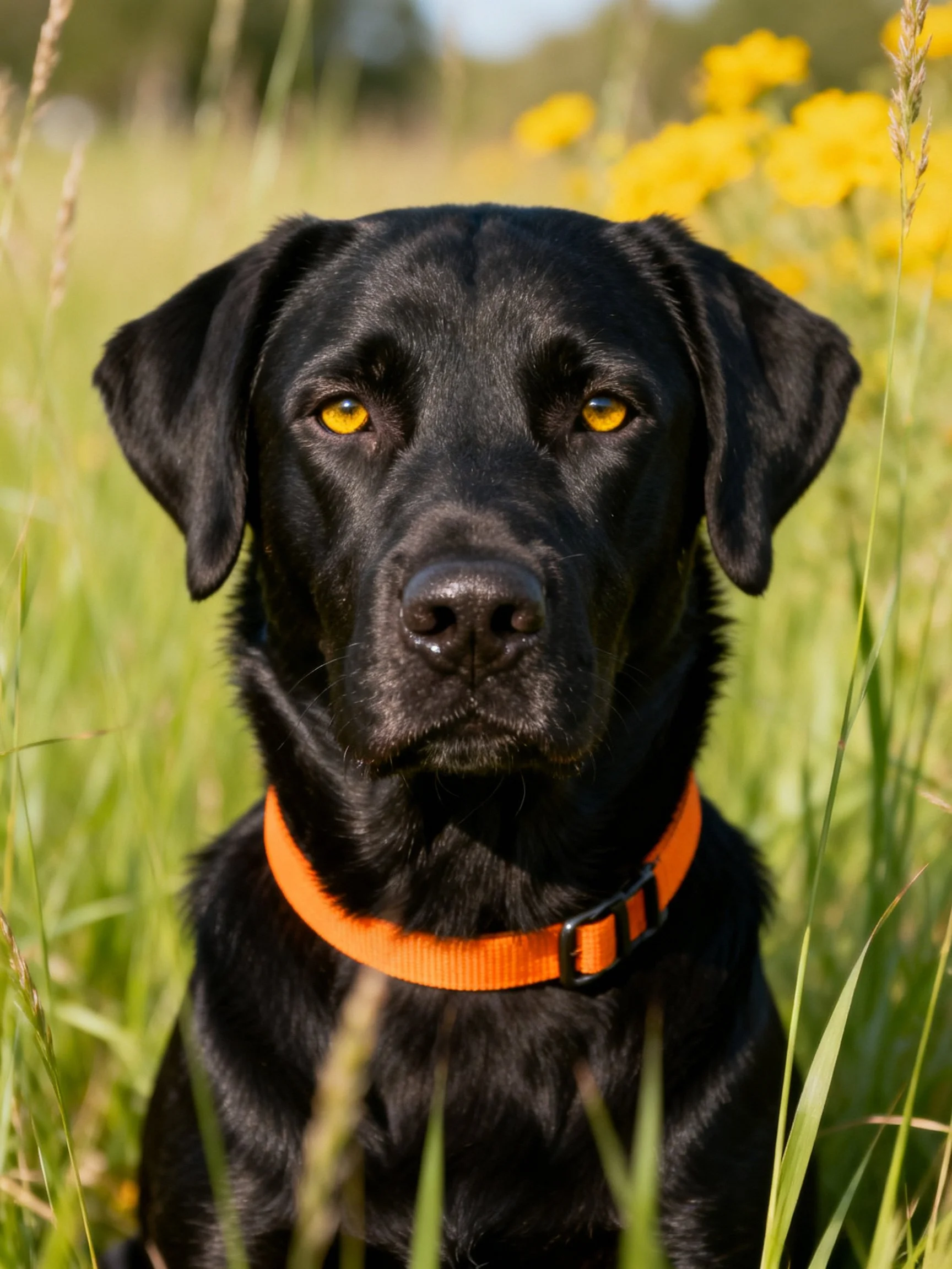 A black dog with an orange collar is surrounded by tall grass and yellow flowers.